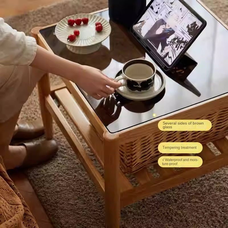 Modern Oak Solid Wood Nordic Glass Coffee Table - Minimalist Living Room Furniture for Small Spaces, Home Decor, and Cozy Gatherings