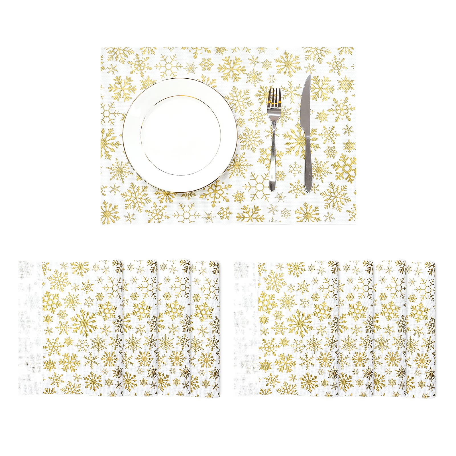 JUJIN Non-Slip PVC Placemats Set of 8 - Washable, Heat-Resistant Table Mats for Kitchen & Dining - Gold Christmas Decor - Perfect for Holiday Dinners, Parties & Everyday Use