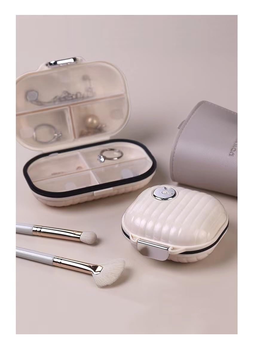 7-Compartment Pill Organizer Case with Carabiner Clip - Portable Daily Medication Dispenser for Men & Women (Beige/Small Milk White) - Perfect for Travel, Work, and Home Use