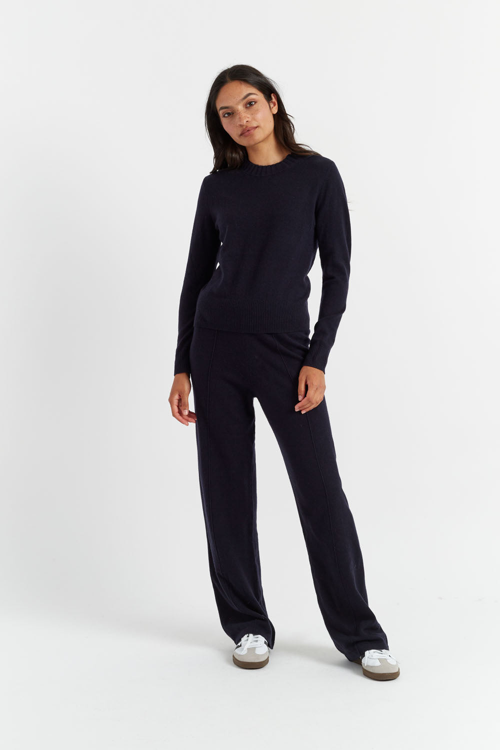 Navy Blue Wool Cashmere Blend Wide Leg Lounge Pants for Women - Comfortable & Stylish for Home, Office & Travel