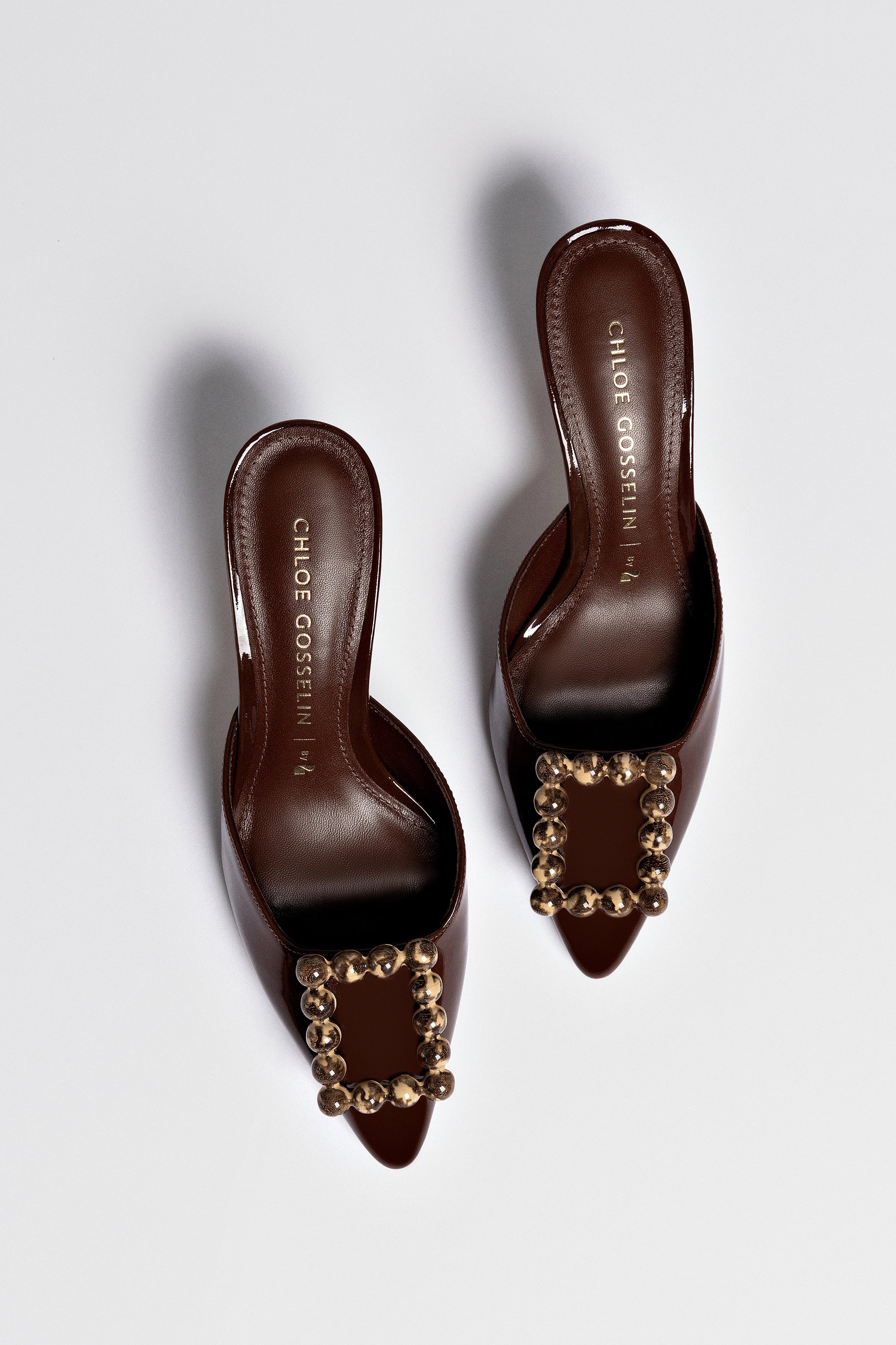 Chloe Gosselin by Larroudé Ava Mule - Brown Patent Leather Women's Shoes | Comfortable Heels for Work, Party & Evening Wear