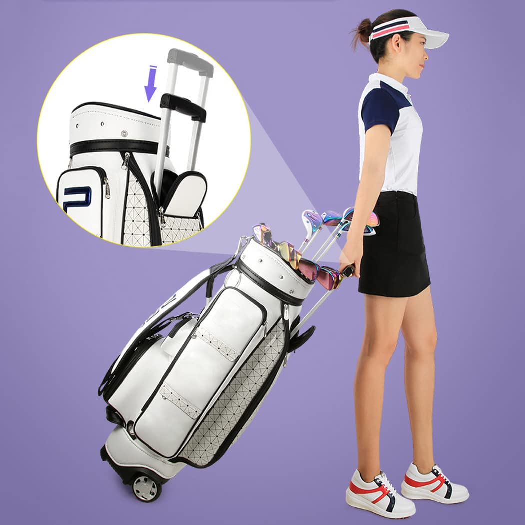 **Women's Golf Club Cart Bag with Wheels - Retractable PU Leather Golf Travel Bag, Large Capacity Standard Golf Bag for Course & Travel - Perfect for Golfers On-the-Go**