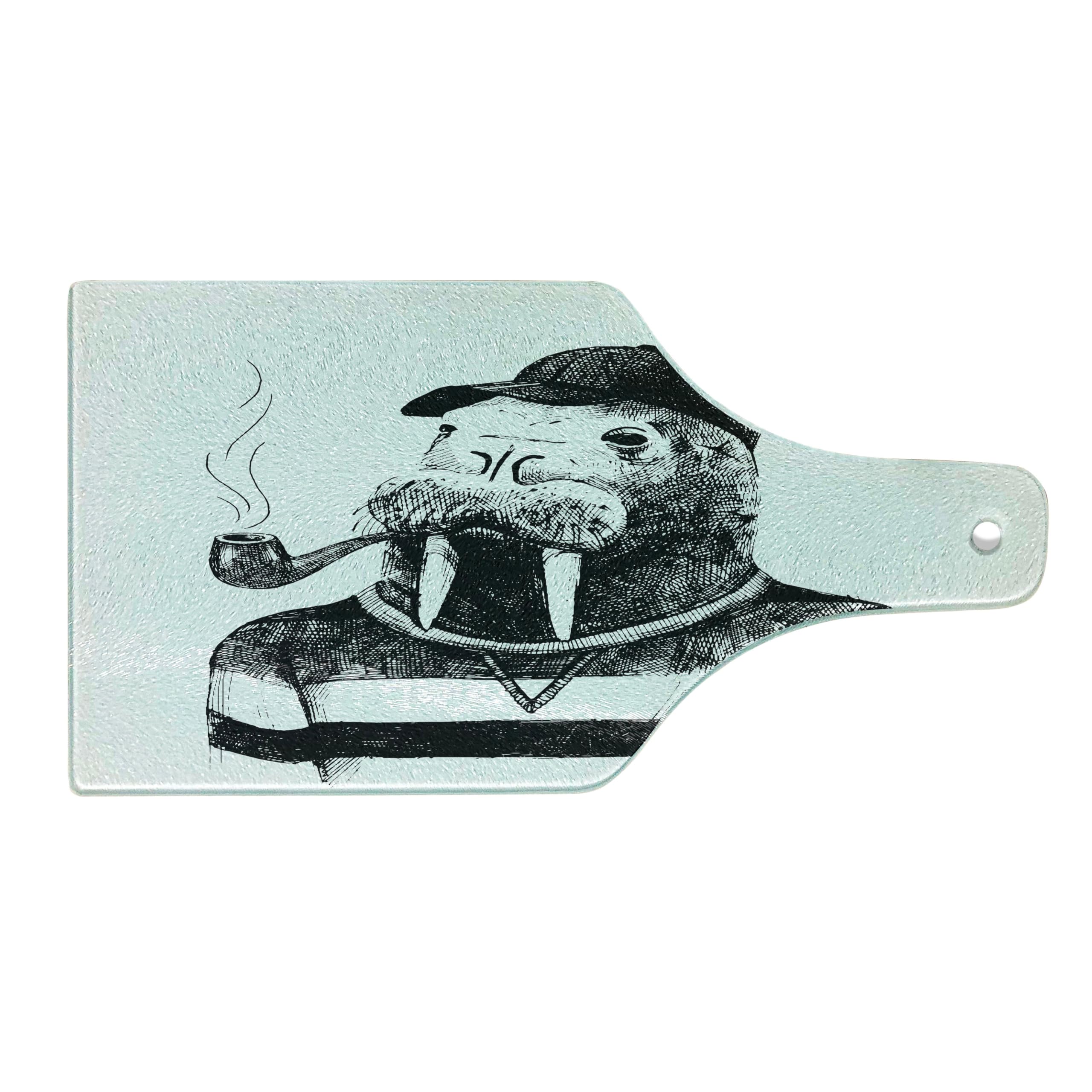 Ambesonne Indie Walrus Design Cutting Board - Hand Drawn Anthropomorphic Sketch Art - Tempered Glass Serving Board for Kitchen & Dining - Wine Bottle Shape - White & Black - Perfect for Cheese Platters, Charcuterie & Party Entertaining