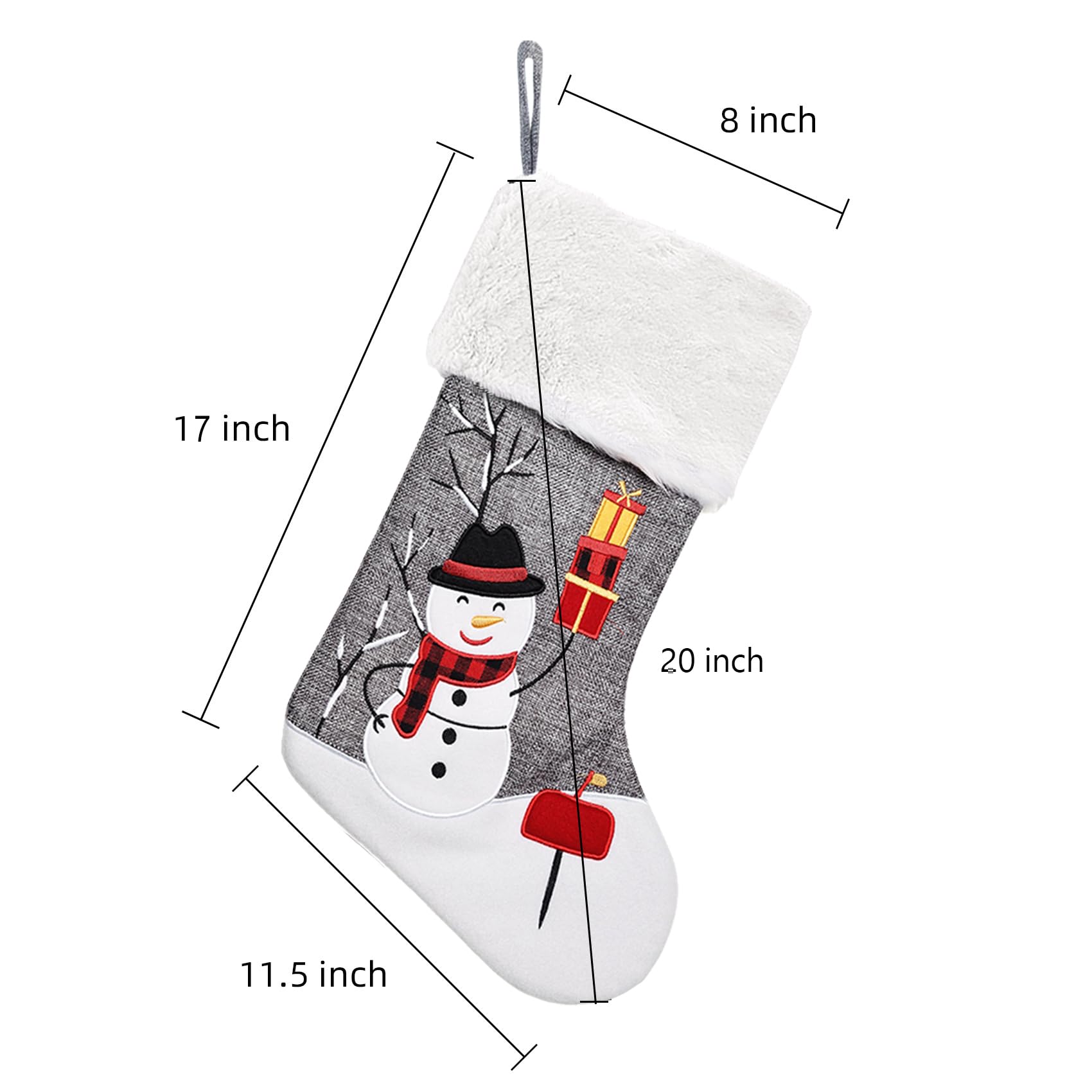 CARAKNOTS 3-Pack Grey Burlap Christmas Stockings with Embroidery Applique - Santa, Snowman & Elk Designs, Faux Fur Trim, Large Size for Kids, Family & Baby - Perfect for Fireplace Xmas Decor & Holiday Gift Giving