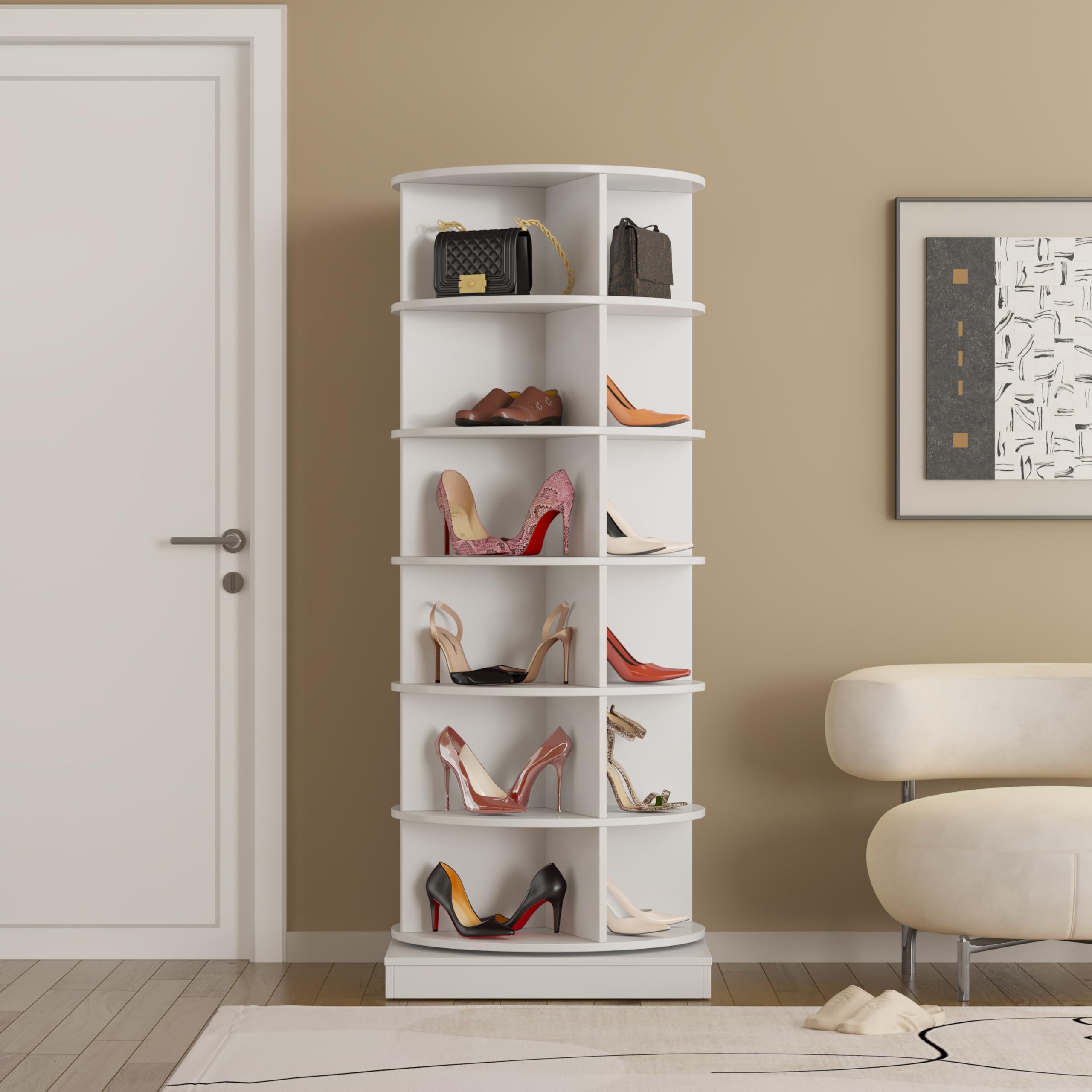 6-Tier 360° Rotating Shoe Rack Tower - Holds 35 Pairs of Shoes, Free Standing Spinning Shoe Storage Organizer for Entryway, Hallway, Closet - White (Perfect for Small Spaces & Shoe Lovers)