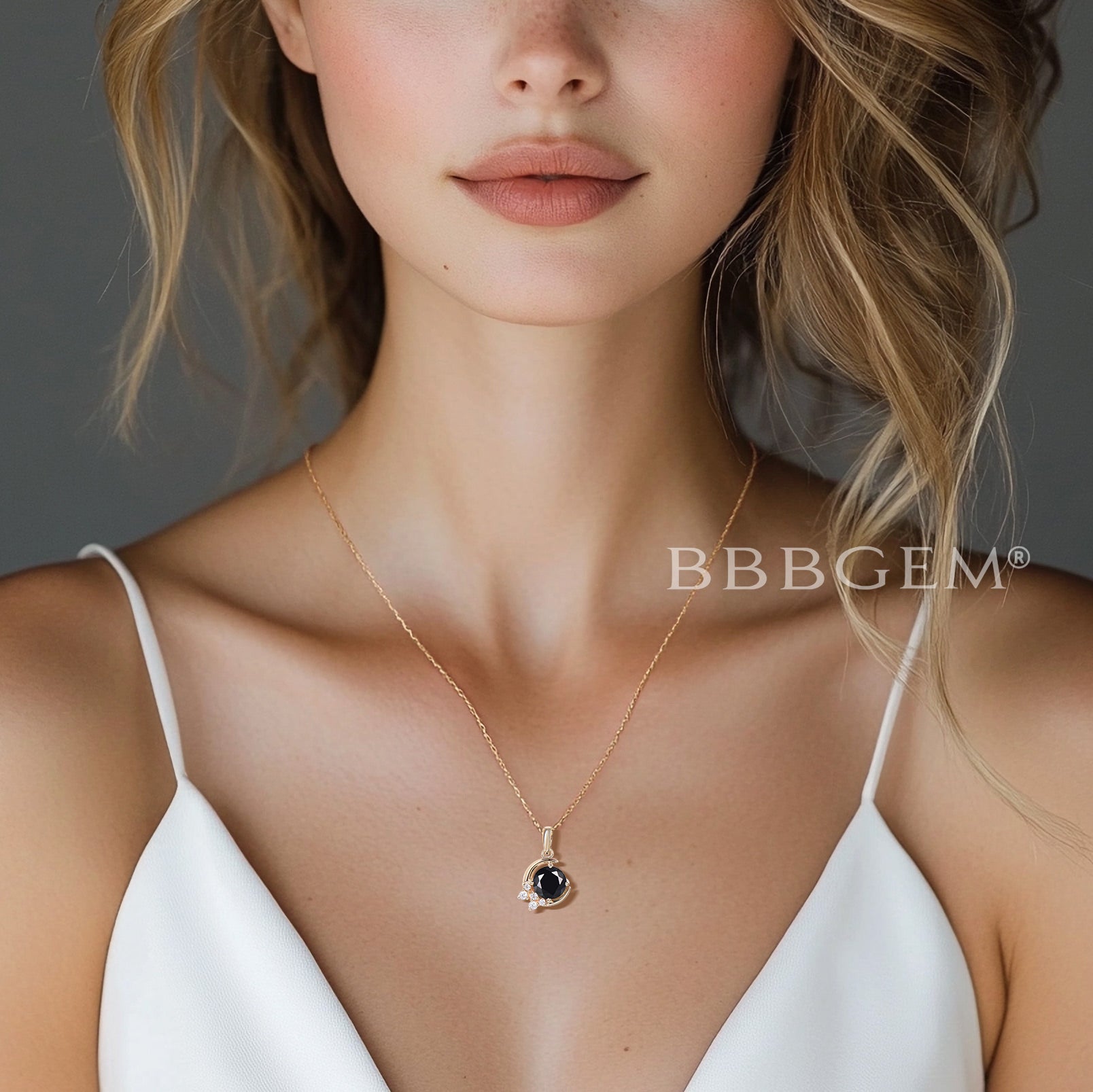 Black Onyx Round Cut Moon Pendant Necklace with Diamond Cluster in 14K Yellow Gold - Elegant Jewelry for Evening Wear & Special Occasions