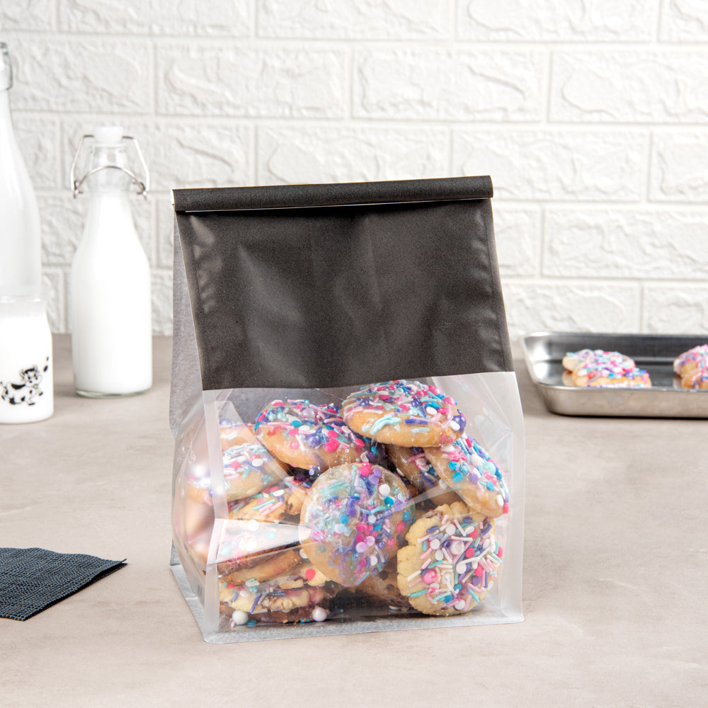 Premium Black Cotton Paper Tin Tie Bags with Clear Window - 6.25