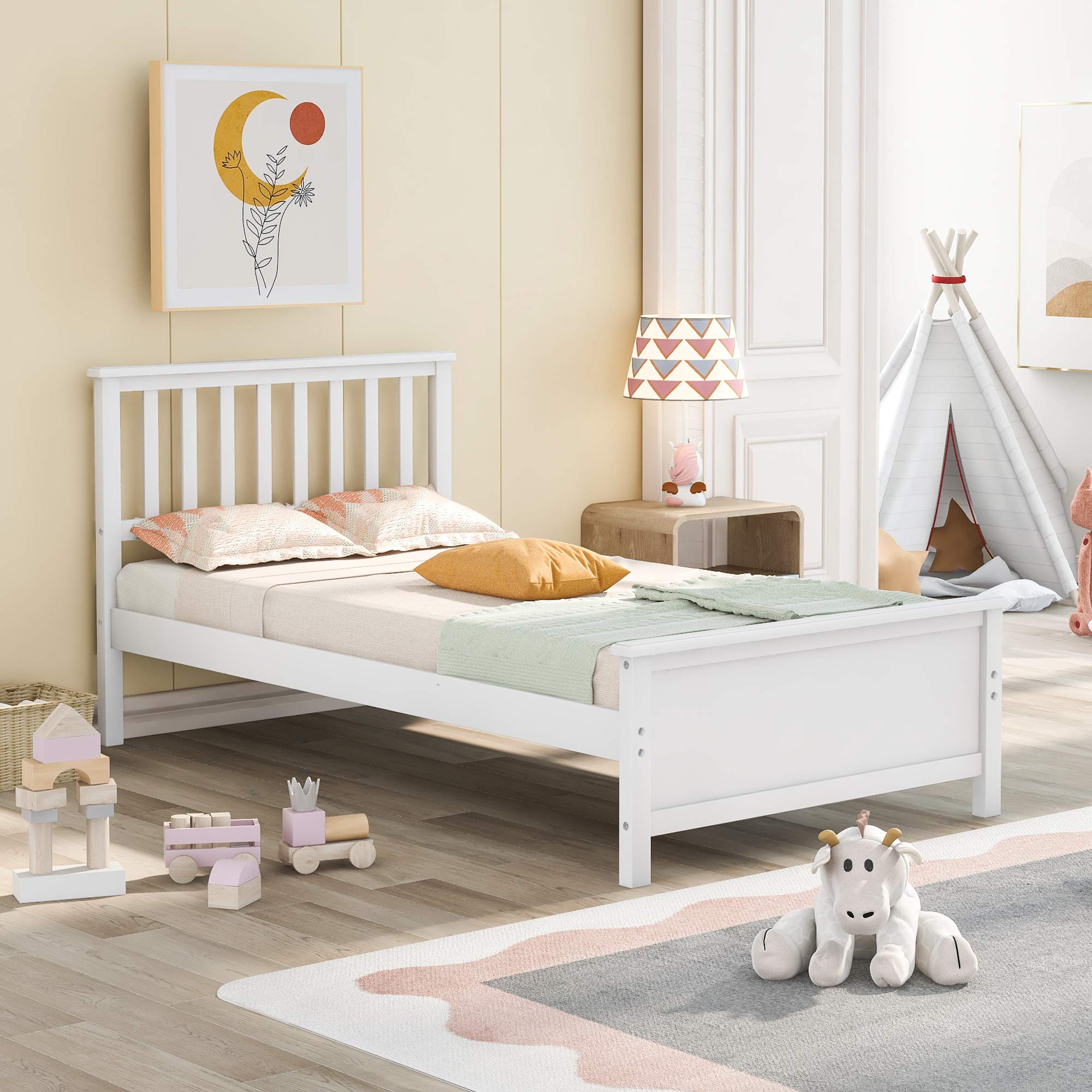 Harper&Bright Designs Solid Wood Platform Bed with Headboard & Footboard - Sturdy Wood Slat Support, No Box Spring Needed - Twin Size, White Finish - Perfect for Modern Bedrooms, Guest Rooms & Dormitories