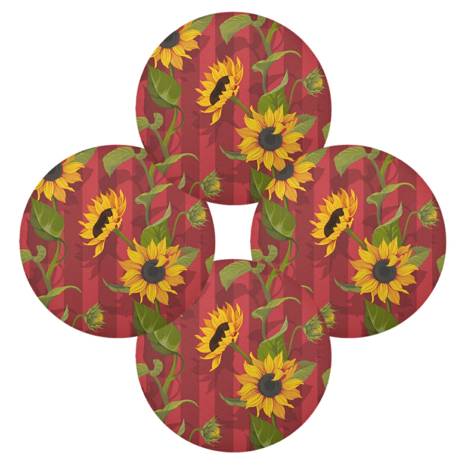 Susiyo Round Placemats Set of 4 - Sunflower Red Stripes Kitchen Table Mats, 15