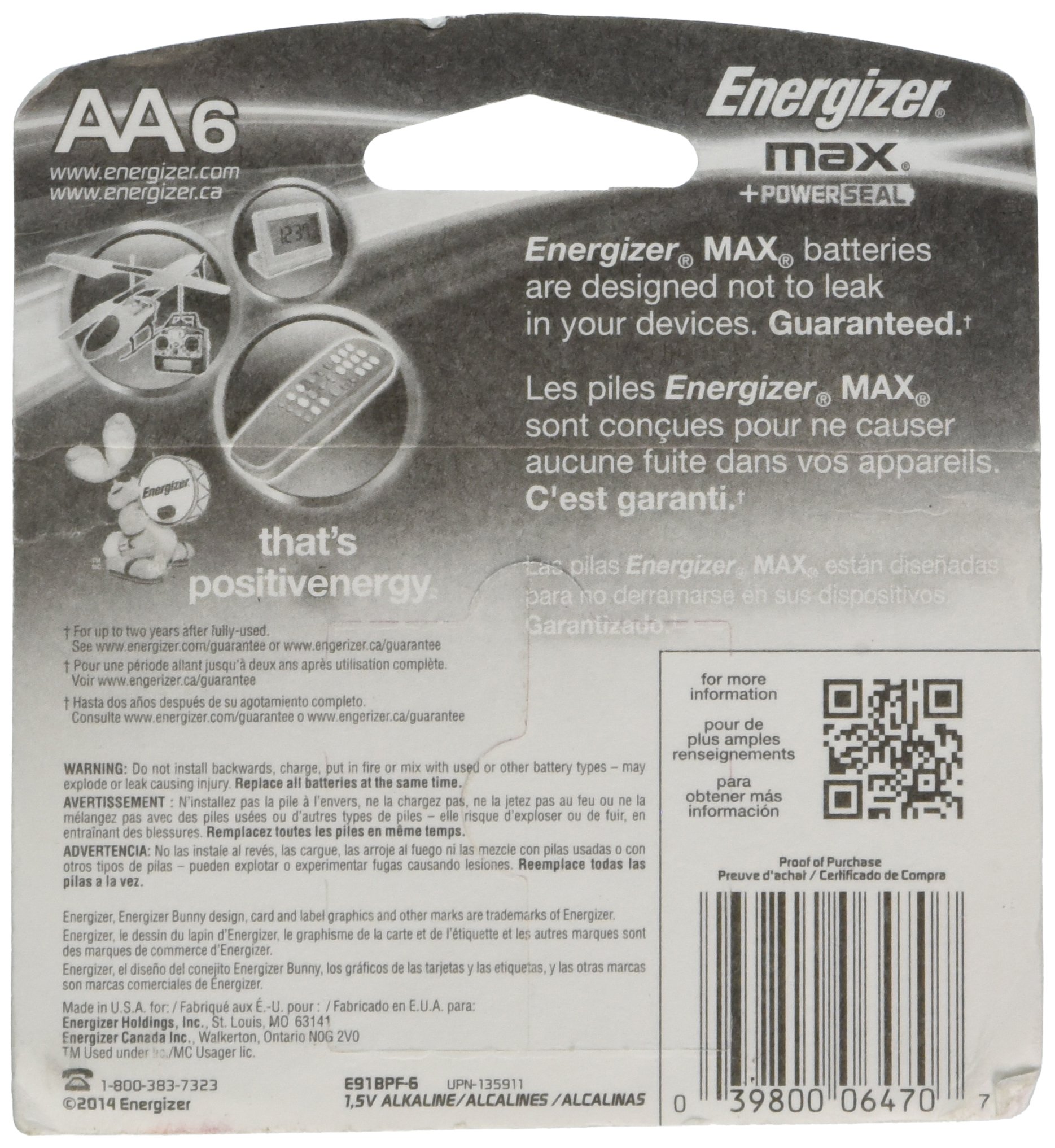 Energizer 06470 AA 1.5V MAX Alkaline Batteries (6-Pack) - Long-Lasting Power for Toys, Flashlights, Remote Controls & Electronic Devices (E91BPF-6)
