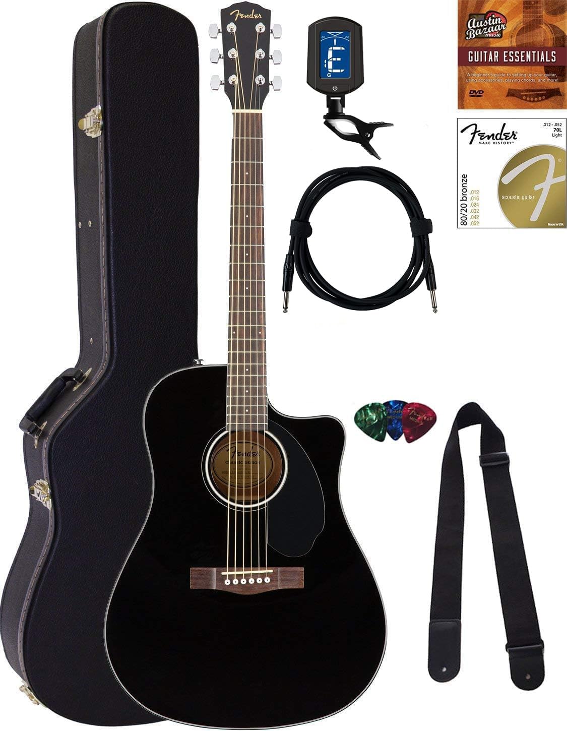 Fender CD-60SCE Solid Top Dreadnought Acoustic-Electric Guitar Bundle - Black with Hard Case, Tuner, Strap & Accessories | Perfect for Beginners, Live Performances & Home Practice