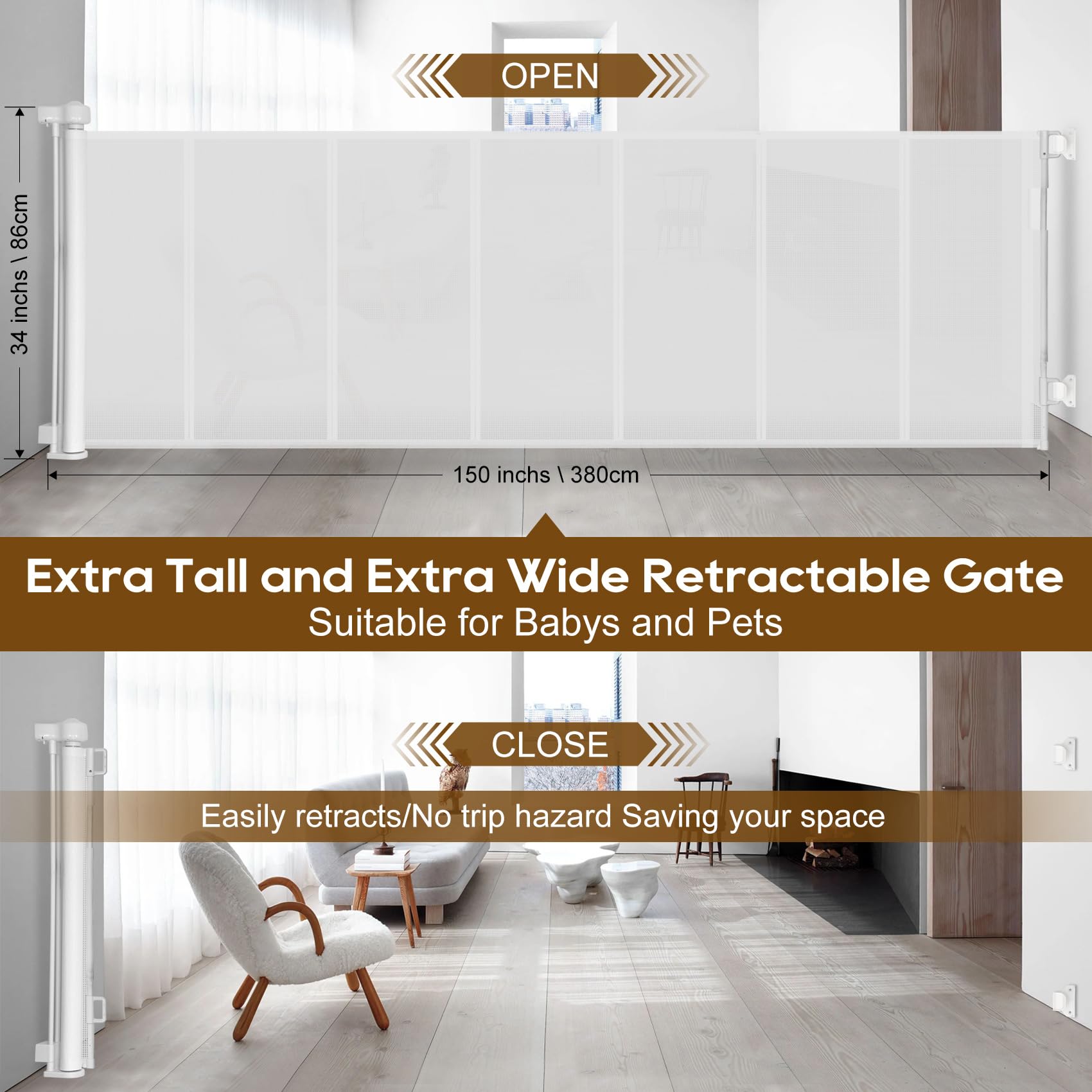 Upgrade 150-Inch Extra Wide Retractable Baby Gate with Reinforced Strip Design - 34