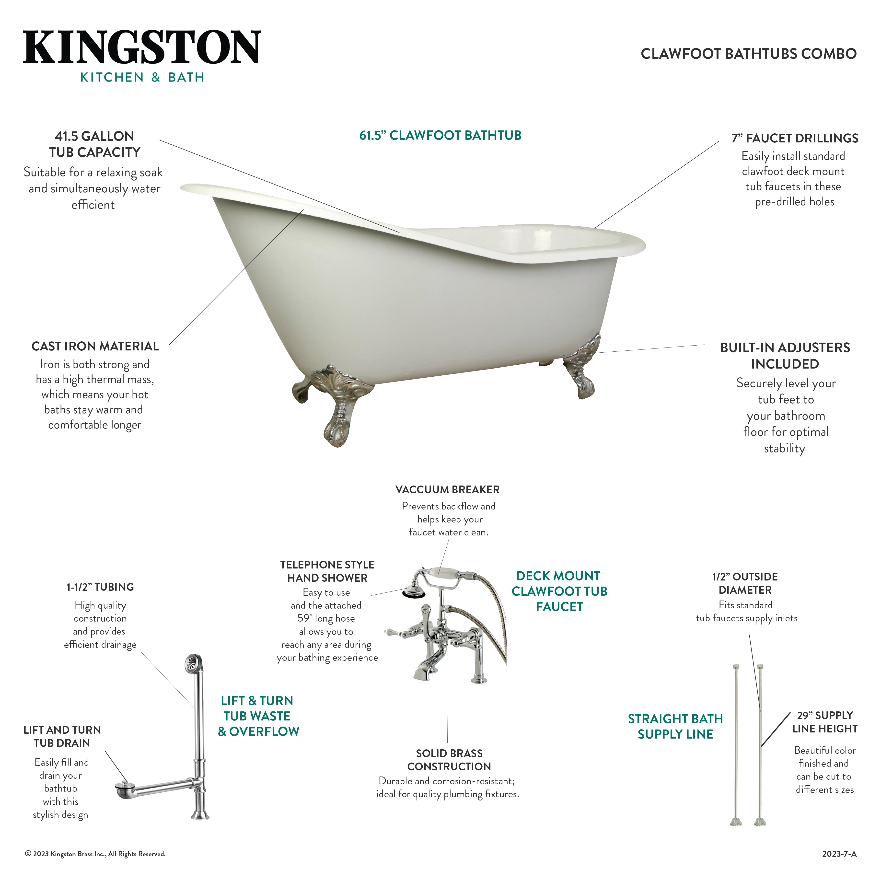 62 Inch White Oval Cast Iron Clawfoot Bathtub with Faucet - Aqua Eden KCT7D653129C2 | Vintage Style Freestanding Tub for Bathroom Remodel & Luxury Spa Experience