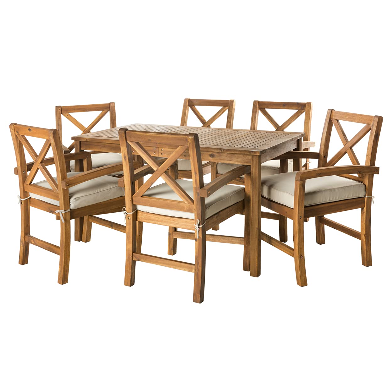 Walker Edison Delray Classic 7-Piece Acacia Wood Outdoor Dining Set with X-Back Chairs - Patio Furniture Set for Garden, Backyard, Poolside (Brown)