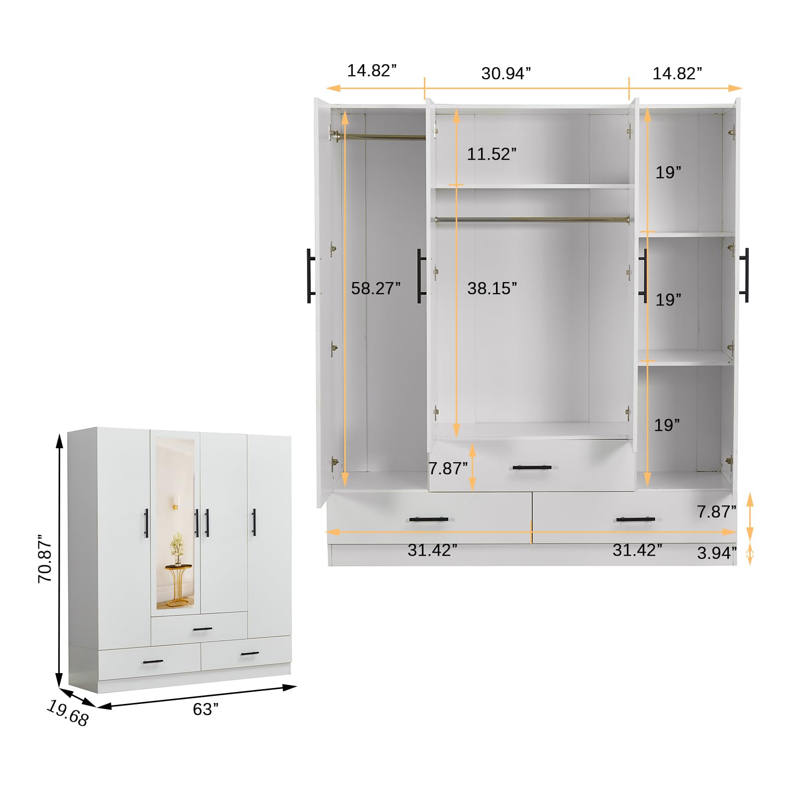 White 4-Door Wardrobe Cabinet with Hanging Rod & Storage Drawers - 71