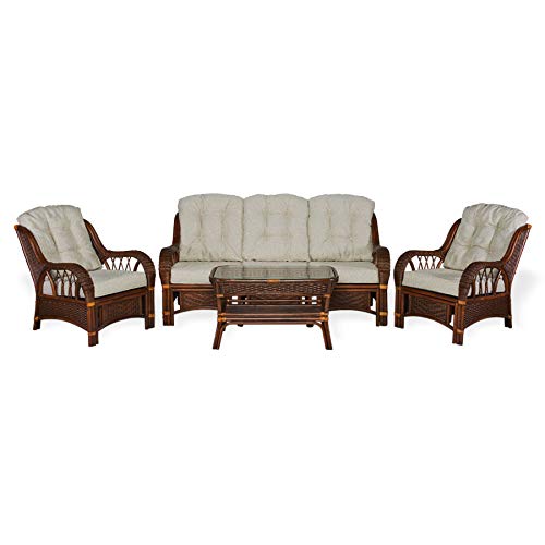 Handmade Dark Walnut Rattan Wicker Living Room Set 4-Piece - 2 Lounge Chairs, Three-Seater Sofa & Coffee Table with Cushions | Cozy Indoor/Outdoor Patio Furniture for Home Decor