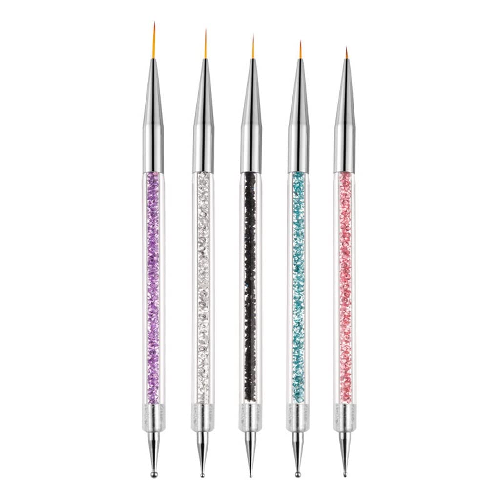 5 Pack Nail Art Brushes - Dual Ended Crystal Nail Liner & Dotting Pens for Professional Nail Design, DIY Manicure, Gel Polish Application - Perfect for Salon, Home Use & Nail Art Enthusiasts
