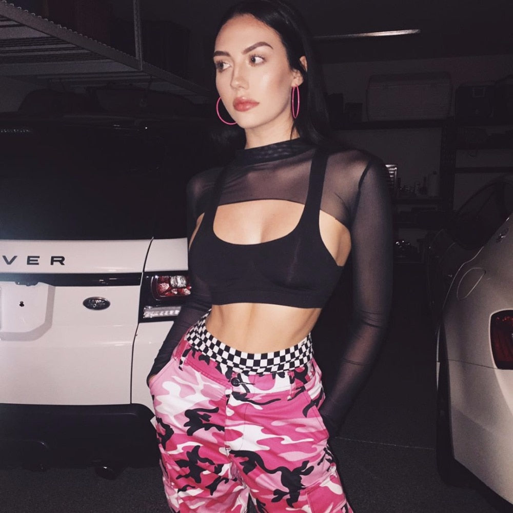 Sexy Black Mesh Crop Top - Long Sleeve See-Through Shirt for Women | Perfect for Night Out, Club Wear & Festival Fashion