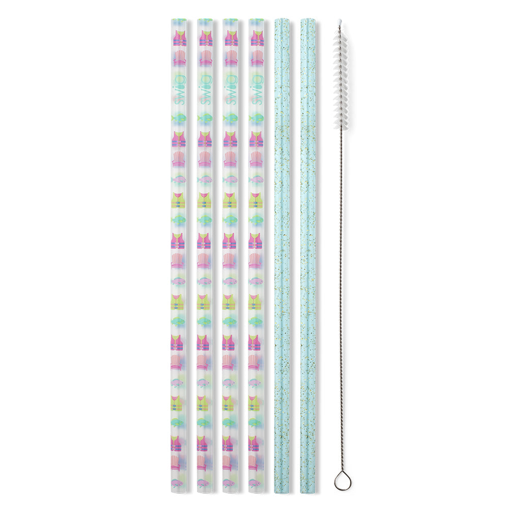 Lake Girl + Aqua Glitter Reusable Straw Set - 12 Pack Eco-Friendly Stainless Steel Drinking Straws with Cleaning Brush for Smoothies, Cocktails & Iced Coffee | Perfect for Pool Parties, Beach Trips & Home Use