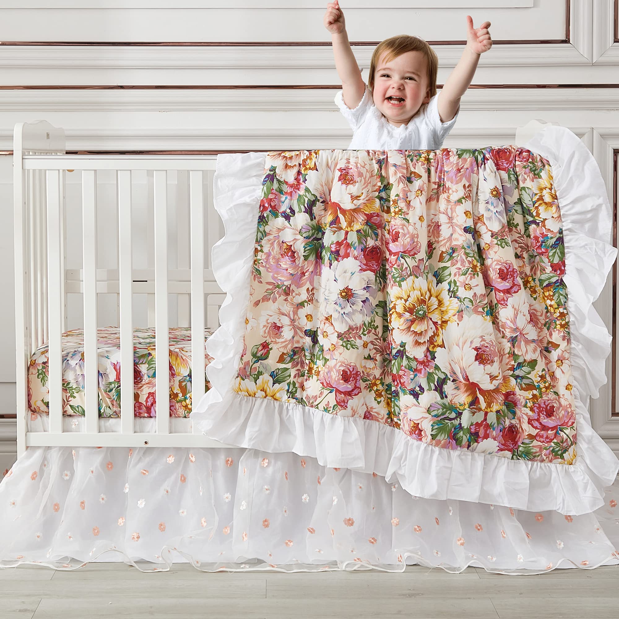 Brandream Floral Crib Bedding Set 6-Piece for Baby Girls - Luxury French Country Nursery Set with Tulle Lace & Embroidered Flowers, Blush Pink & White - Perfect for Newborn Nursery, Baby Shower Gift & Photo Shoots