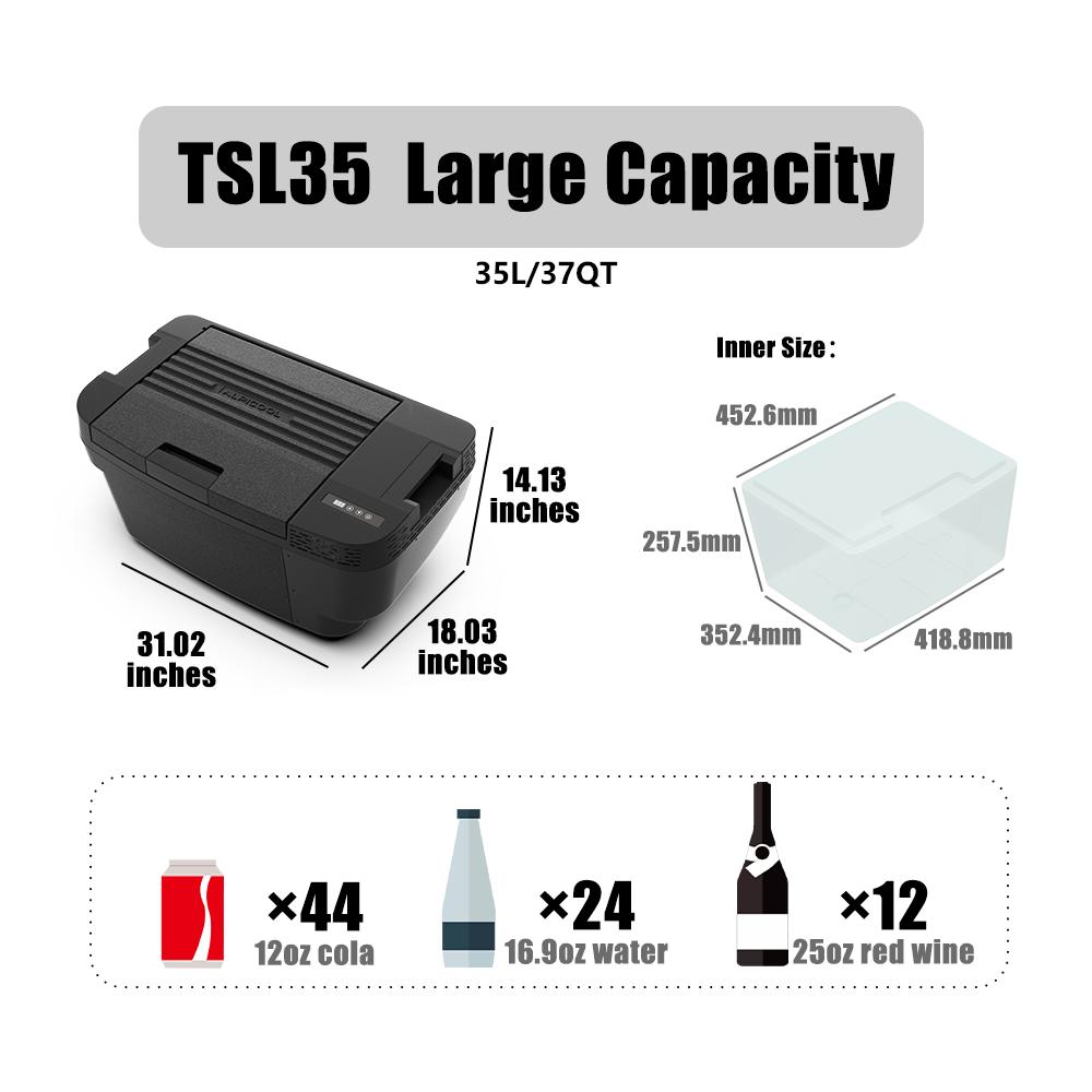 Alpicool TSL35 Portable Car Refrigerator for Tesla Model Y - 12V/24V DC & 110V AC, 35L Compact Freezer for Road Trips, Camping, and Outdoor Adventures