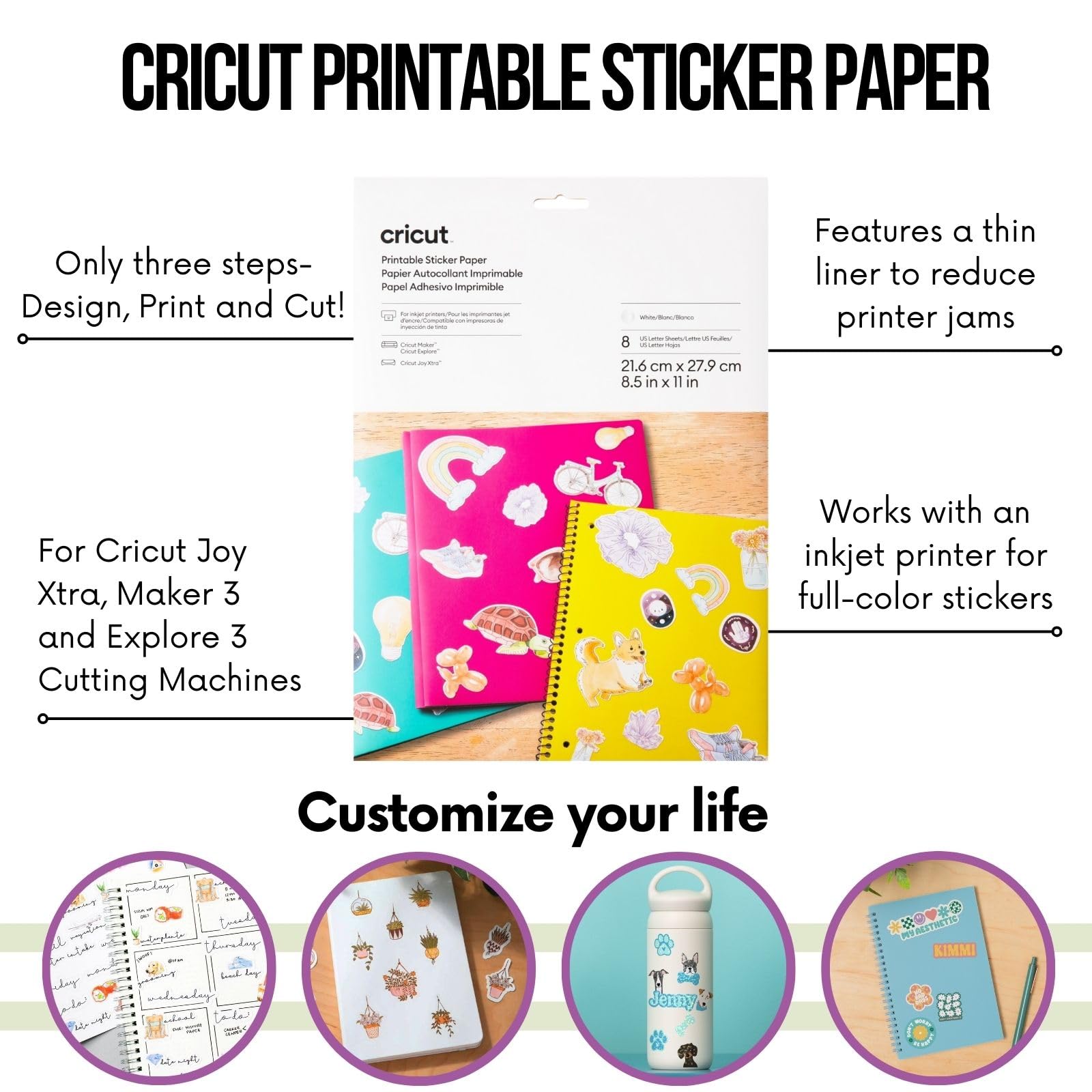Cricut Explore Air 3 Cutting Machine with Printable Sticker Paper & Vinyl Sampler Bundle - DIY Craft Machine for Custom Stickers, Decals, and Home Decor - Perfect for Scrapbooking, Planner Stickers, Classroom Projects, and Personalizing Laptop Cases