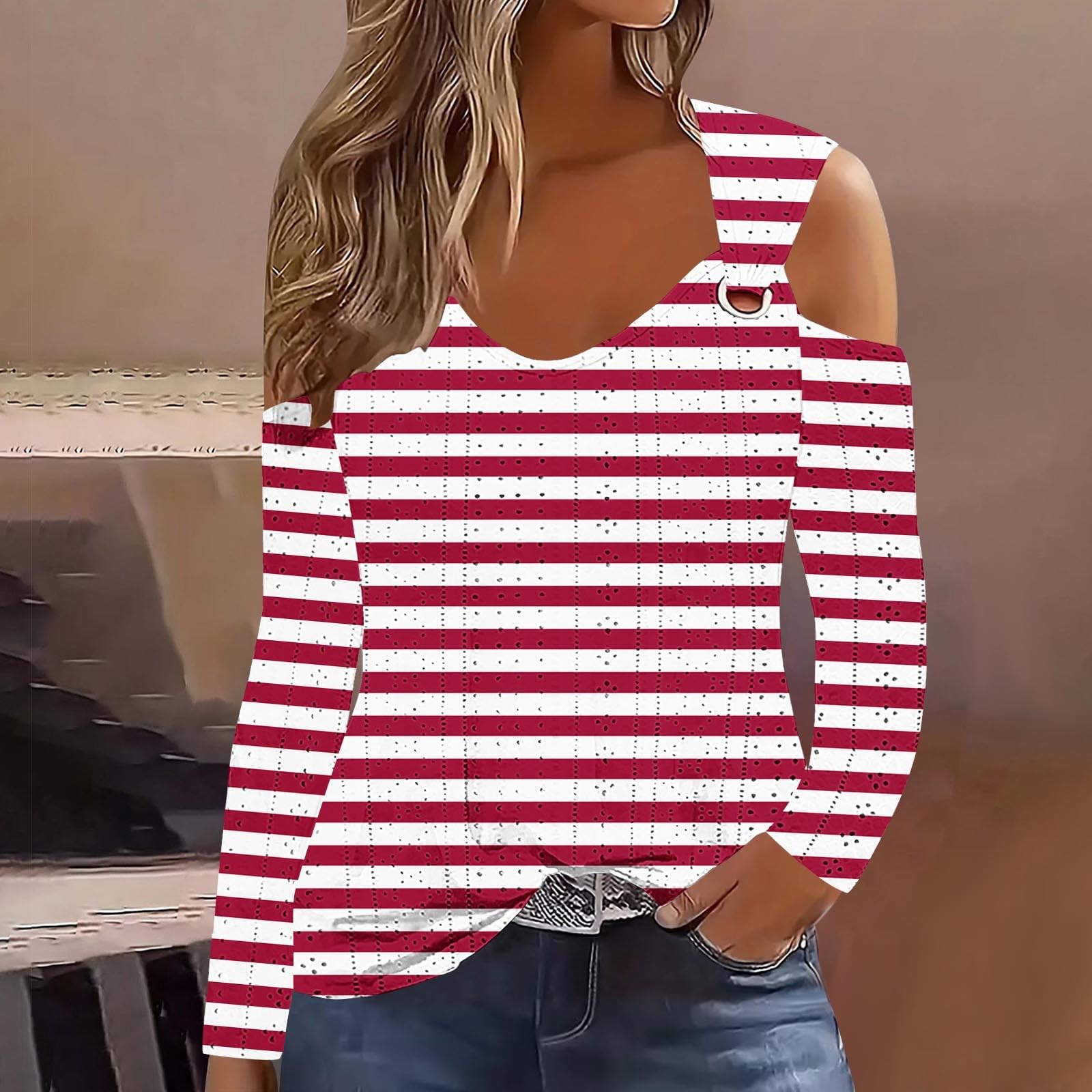 Women's Long Sleeve Striped Cold Shoulder Top - Soft Lightweight Pullover Blouse for Fall Fashion | Cozy Casual Wear, Office Outfits & Date Night Looks