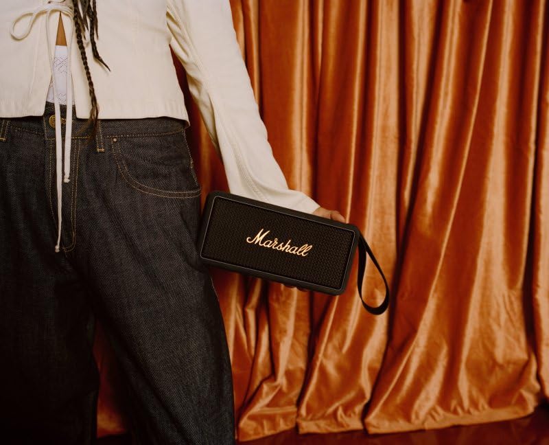 Marshall Middleton Portable Bluetooth Speaker - Wireless Outdoor Speaker with Rich Bass, IP67 Waterproof, 20+ Hours Playtime - Perfect for Travel, Camping, Beach & Home Use (Black & Brass)