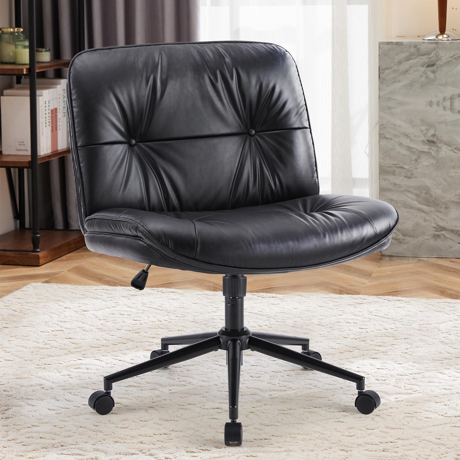 OLIXIS Ergonomic Swivel Office Chair with Wheels - Adjustable PU Leather Armless Desk Chair for Home Office, Rolling Vanity Seat - Perfect for Work, Study, and Makeup Stations