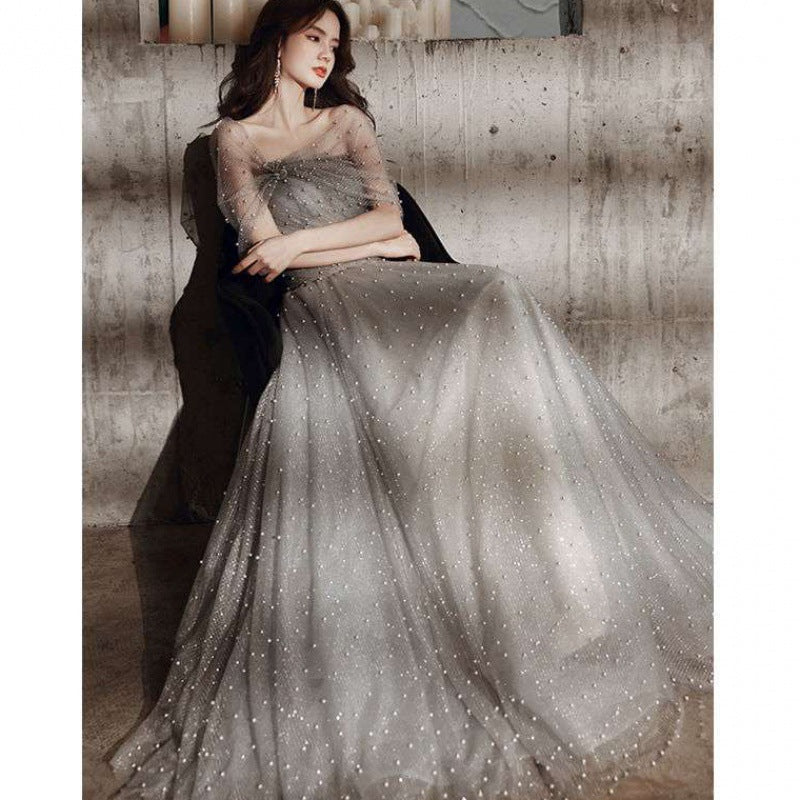 Elegant Beaded Gray Tulle Prom Dress - A-Line Formal Evening Gown for Homecoming, Quinceañera & Special Occasions