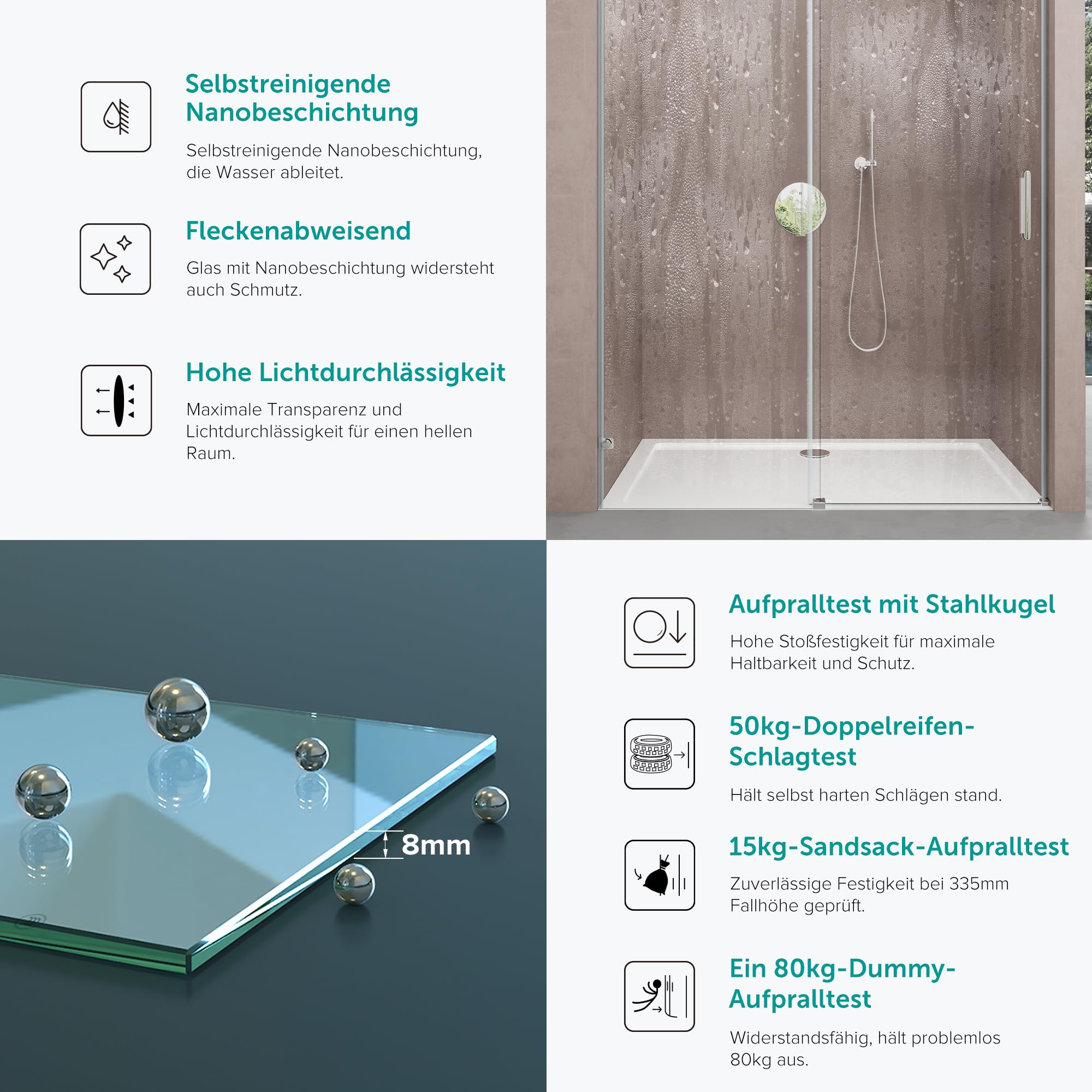 Doporro Frameless Shower Door 135x195cm Clear Tempered Glass with NANO Coating - 4-Point Mounting System for Bathroom Enclosure - Perfect for Modern Home & Spa Style Showers