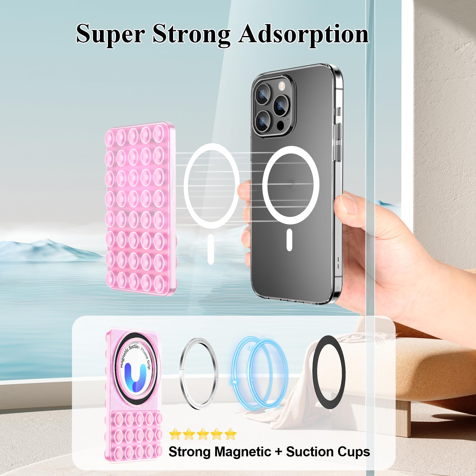 Non-Slip Silicone Suction Cup Phone Holder - Universal Fit for All Smartphone Models, Hands-Free Car Mount & Selfie Stick for Videos, Calls & GPS Navigation - Pink Phone Sticker for Dashboard, Bathroom Mirror & Office Desk Use