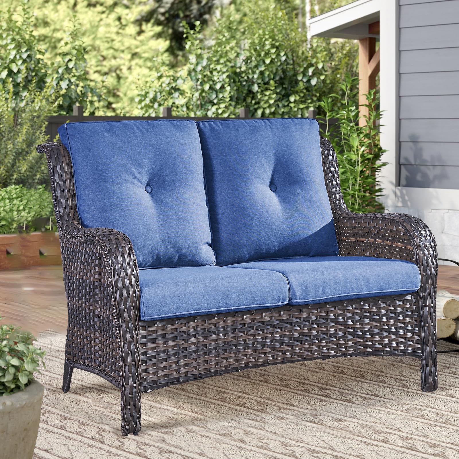 Outdoor Loveseat Sofa - 2 Seater Rattan Wicker Patio Couch with High Back - Brown/Blue - Perfect for Porch, Deck, Backyard, Garden & Outdoor Relaxation