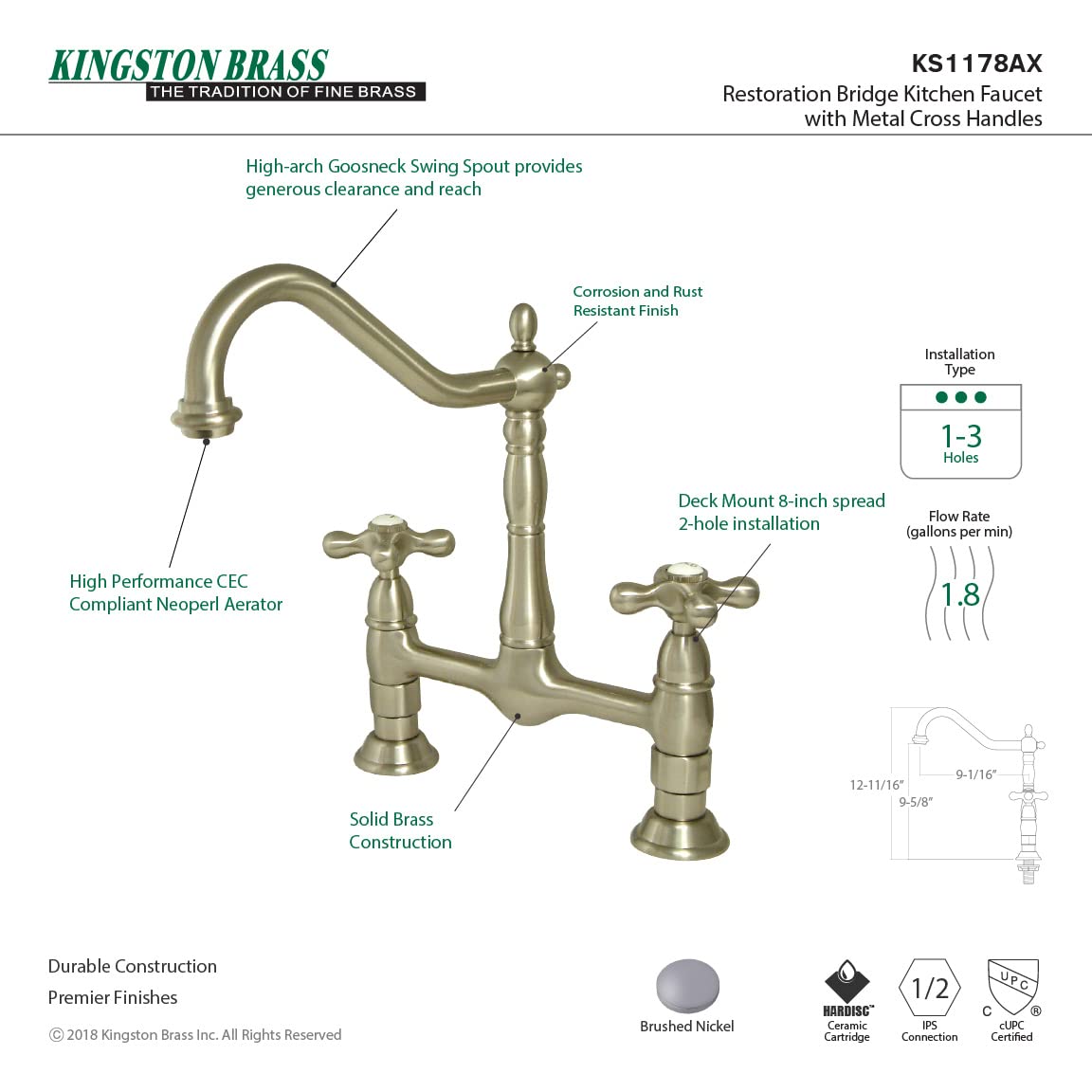 Kingston Brass KS1178AX Heritage 8-Inch Single Handle Kitchen Faucet Without Sprayer in Brushed Nickel - 13 x 8 x 2.13 Inches - Perfect for Farmhouse, Cottage & Traditional Style Kitchens