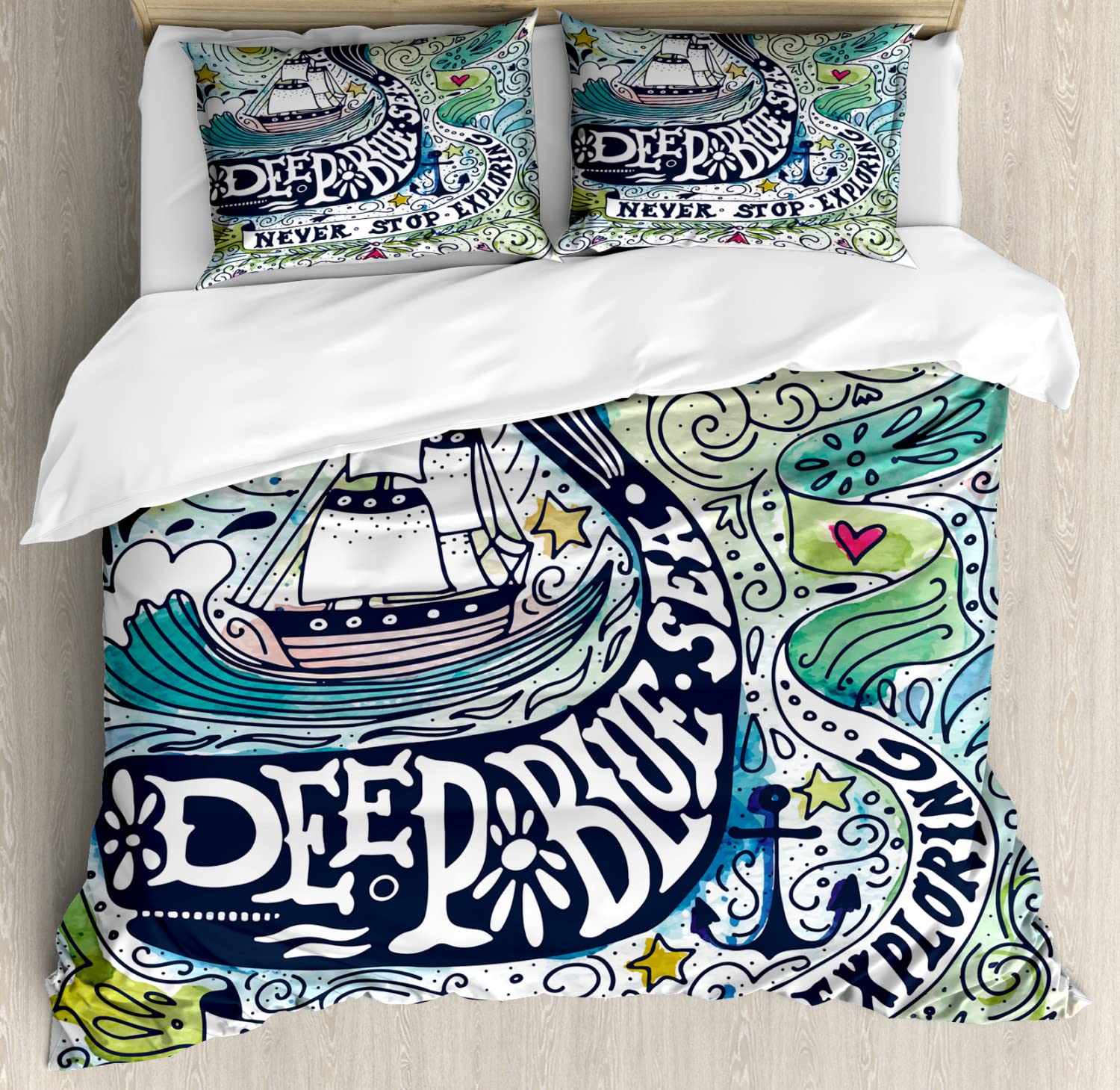 Ambesonne Whale Duvet Cover Set - King Size 2-Pack with 4 Pillowcases | Ocean Wave & Palm Tree Design in Blue & Pink | Perfect for Beach Themed Bedrooms & Coastal Home Decor