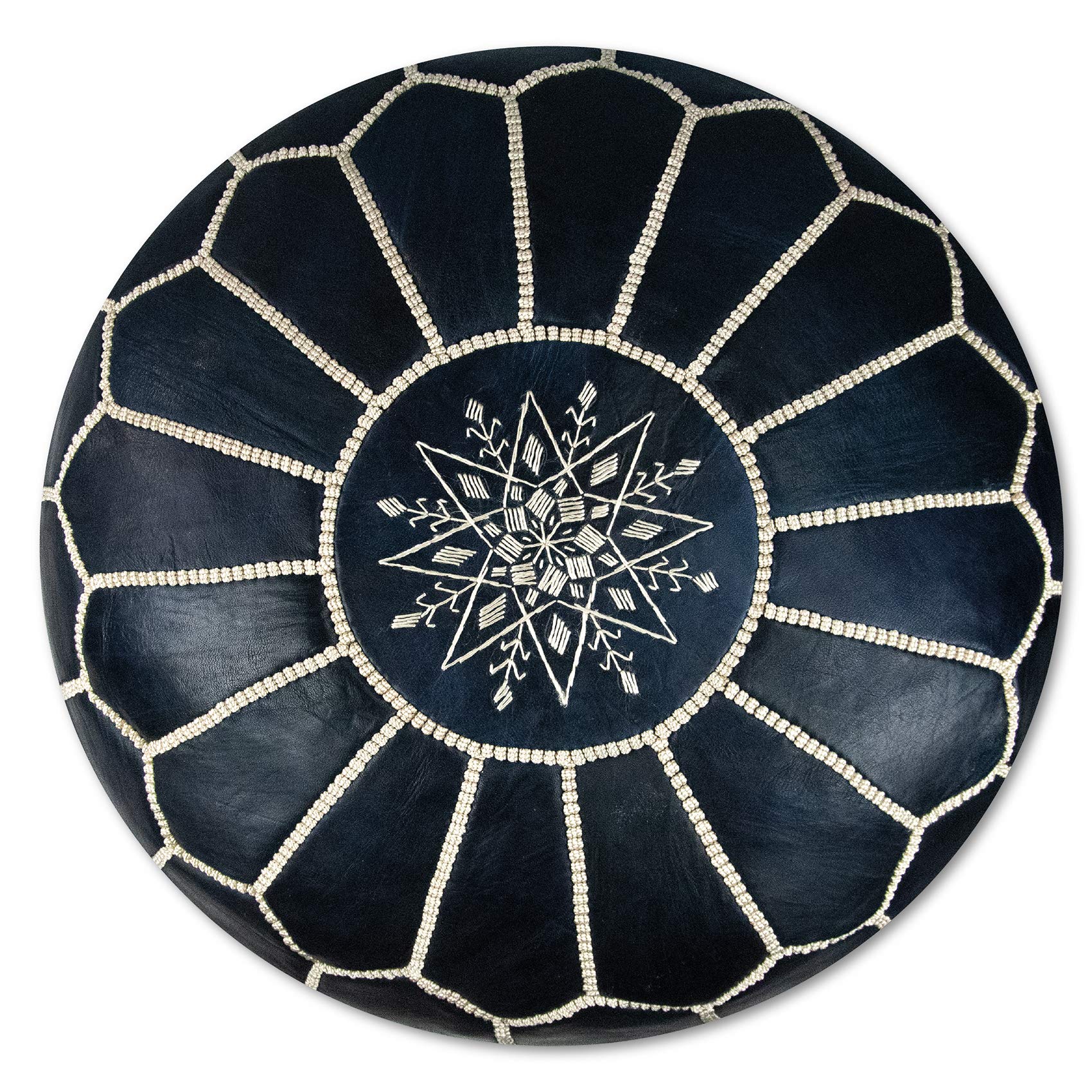 Premium Handmade Moroccan Leather Pouf - Stuffed Ottoman, Footstool & Floor Cushion for Living Room, Bedroom & Lounge (Denim Blue) - Free Shipping USA