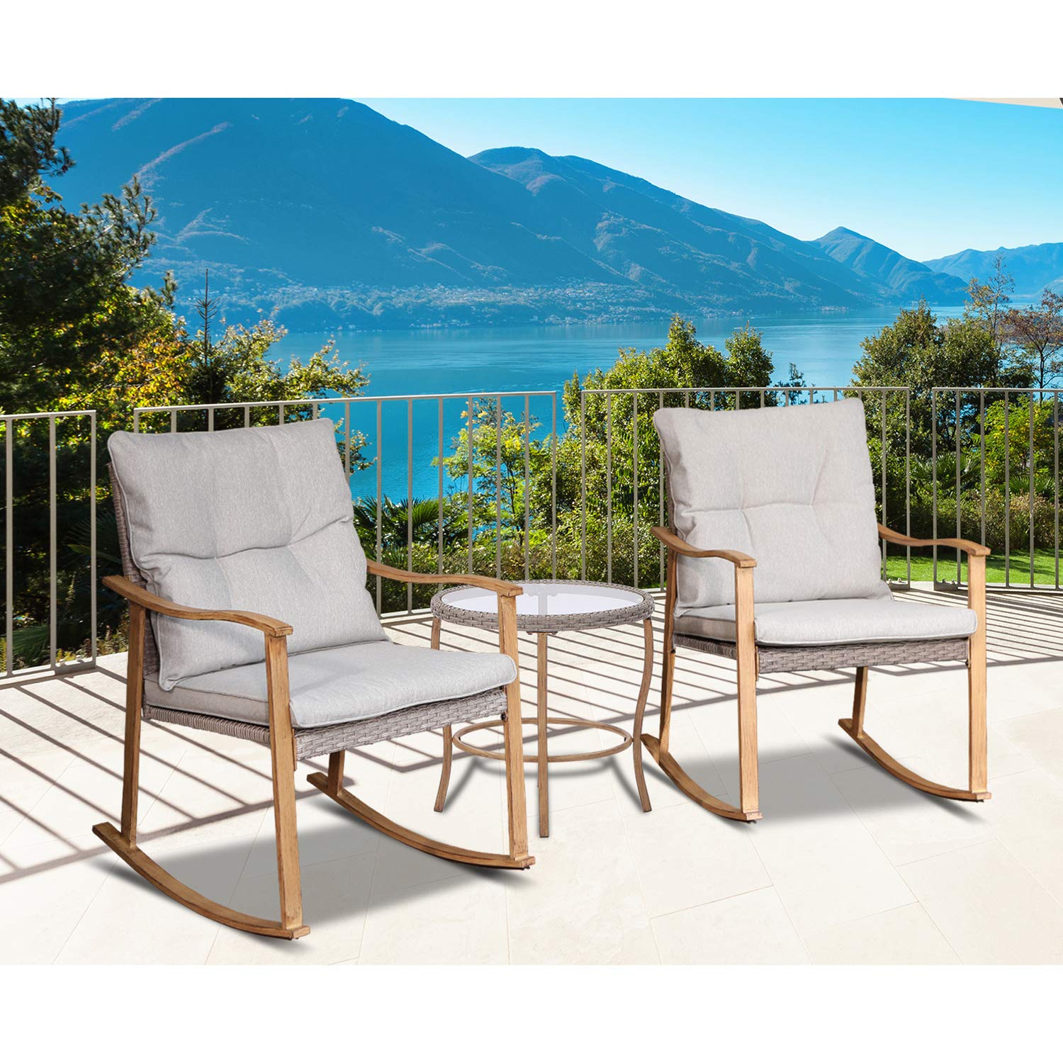 AQUILLA Outdoor 3-Piece Patio Rocking Set - Metal Frame Bistro Set with Round Tempered Glass Table & Thick Gray Cushions - Perfect for Sunroom, Porch, Garden, and Backyard Relaxation