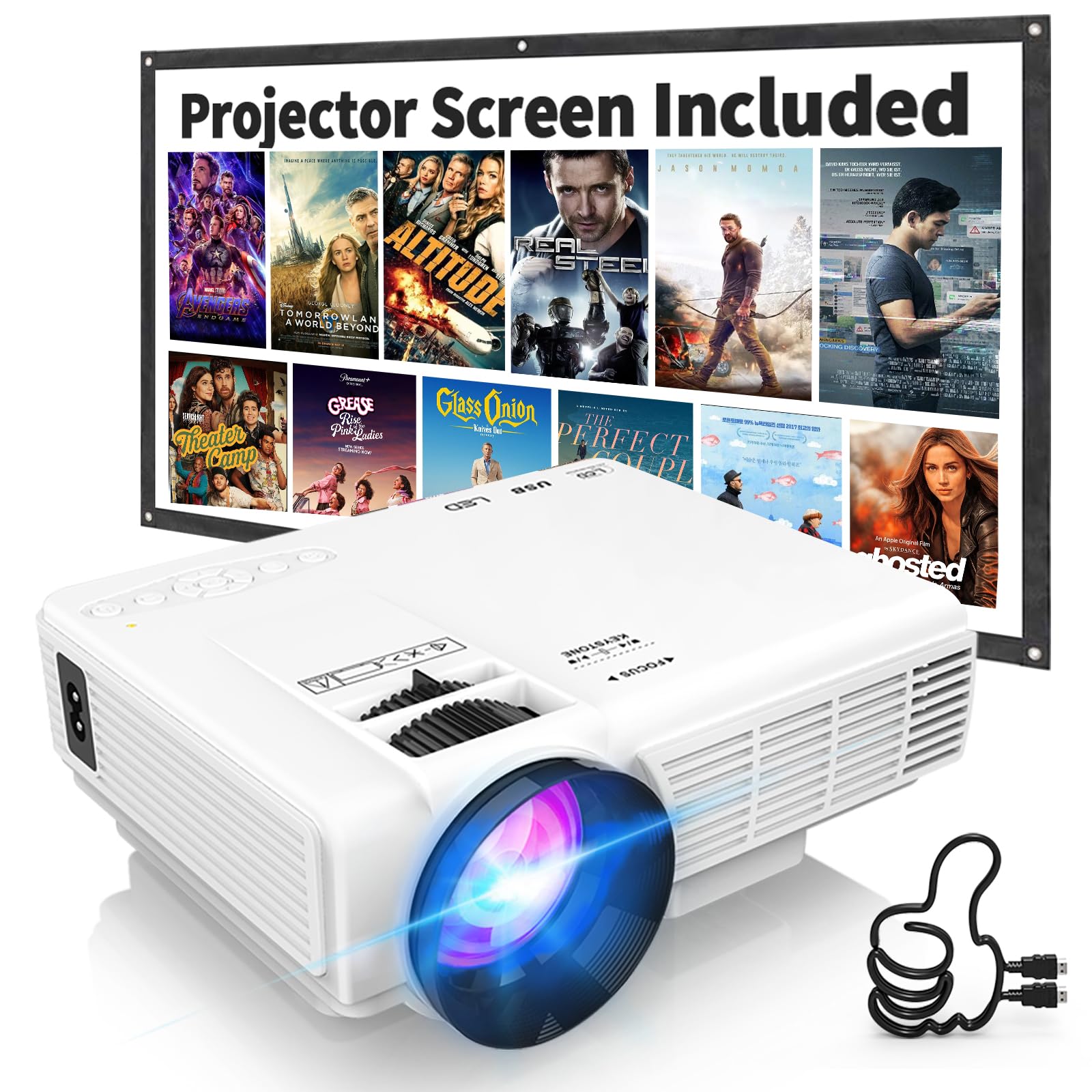 Two-Way Bluetooth 1080P Mini Projector with Screen | 50% Zoom Portable Outdoor Movie Projector | Compatible with TV Stick, Gaming, HDMI, USB, Smartphone | Perfect for Home Theater, Camping & Backyard Movie Nights