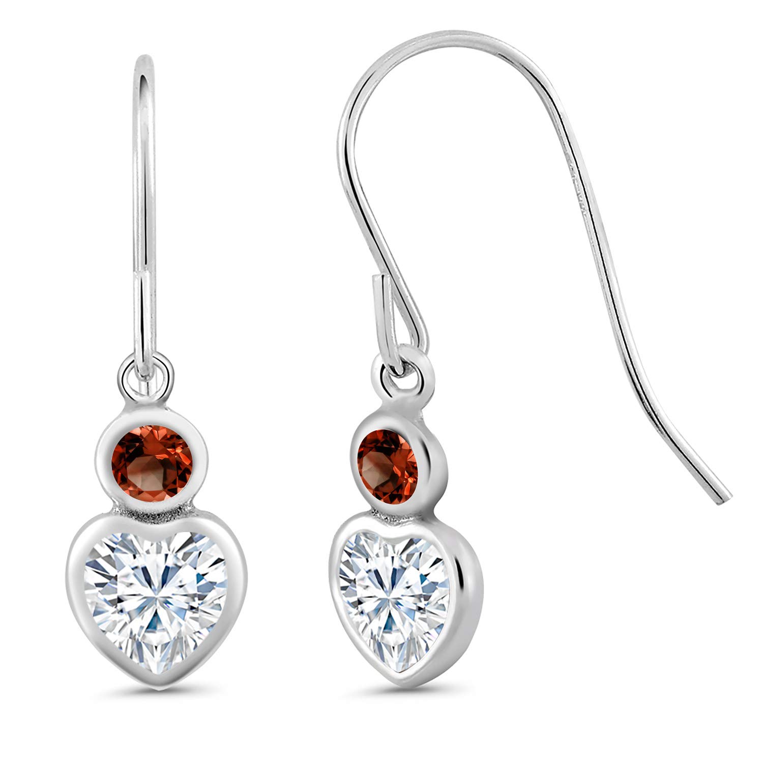925 Sterling Silver Dangle Earrings with 1.30cttw Heart-Shaped Moissanite & Garnet - Forever Brilliant (GHI) by Charles & Colvard | Elegant Gift for Valentine's Day, Anniversary or Special Occasion