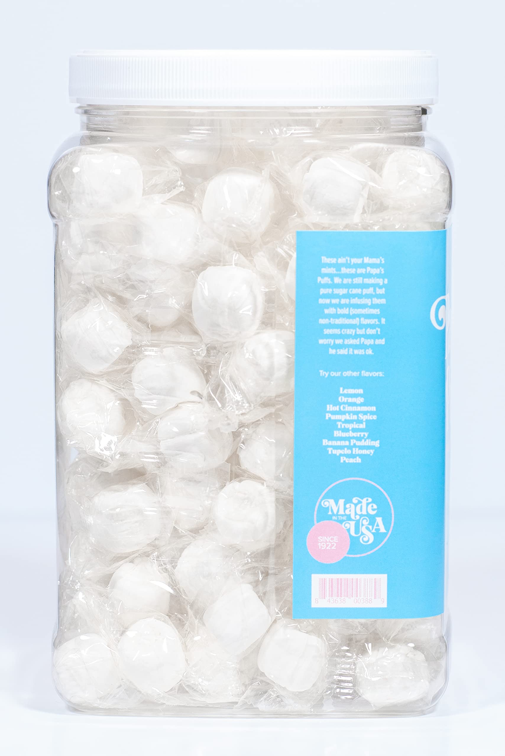 Papa's Puffs Cotton Candy Flavored Pure Sugar Candy - Individually Wrapped Resealable Tub - Fat Free, Gluten Free, Cholesterol Free - Made in USA - Perfect for Parties, Gifts & Sweet Cravings