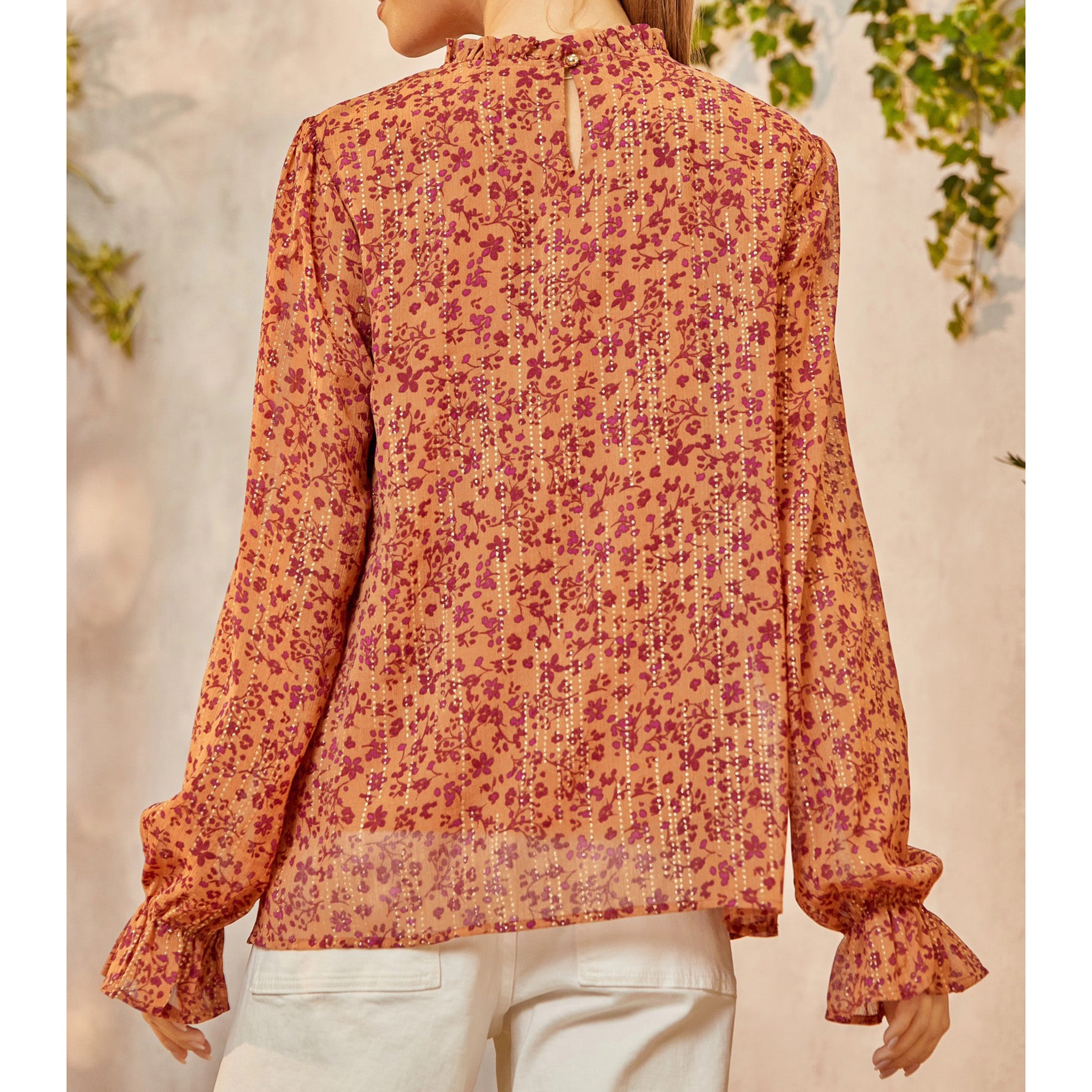 Andree Women's Rust & Plum Floral Blouse - Elegant Long Sleeve Tops for Work, Party & Date Night | Comfortable & Stylish Blouse for Women