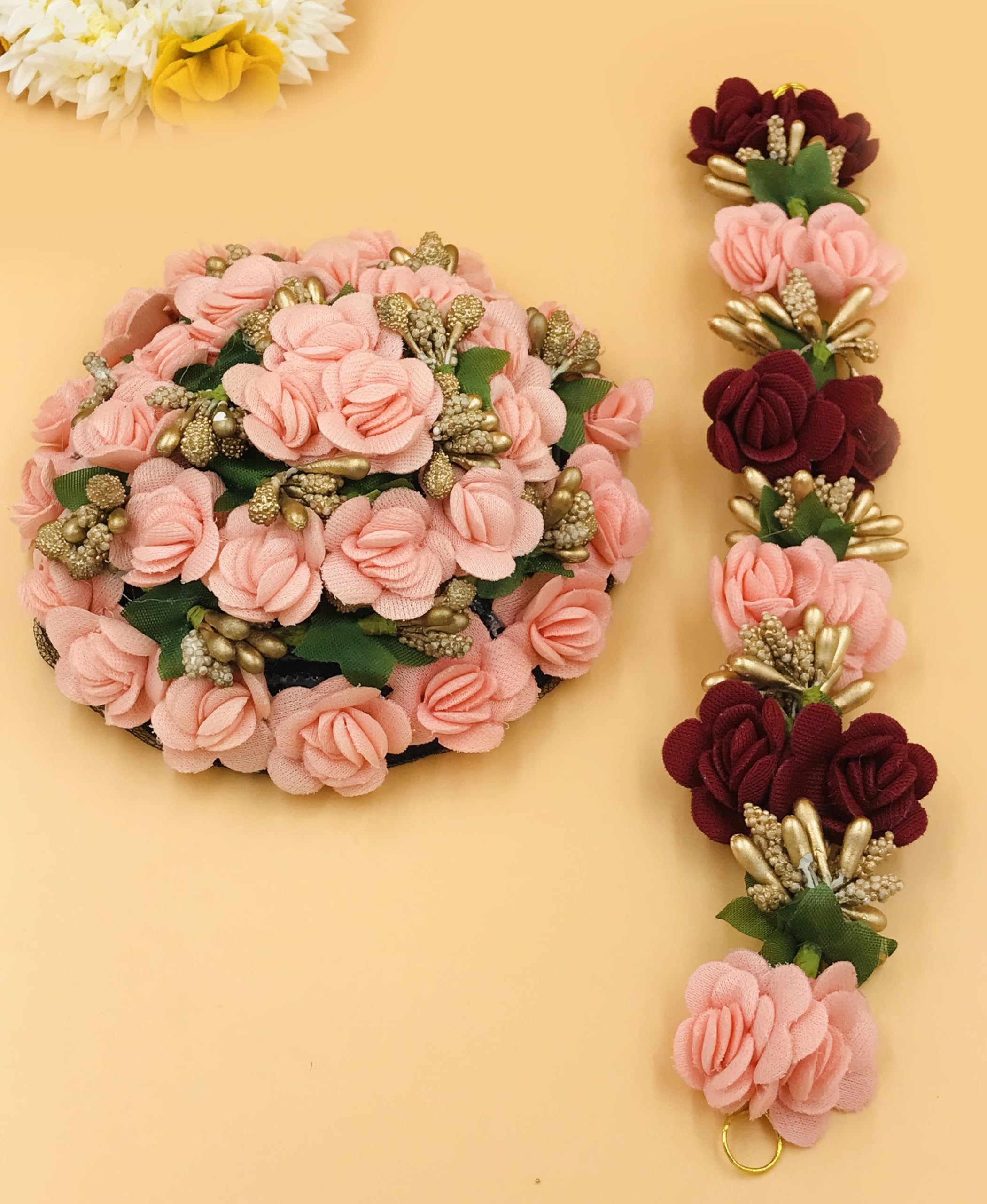 GadinFashion™ Pink Juda Hair Bun - Artificial Flower Gajra Hair Accessories for Women & Girls | Wedding & Party Hair Scrunchies Rubber Band Set | Perfect for Bridal, Festivals & Special Occasions