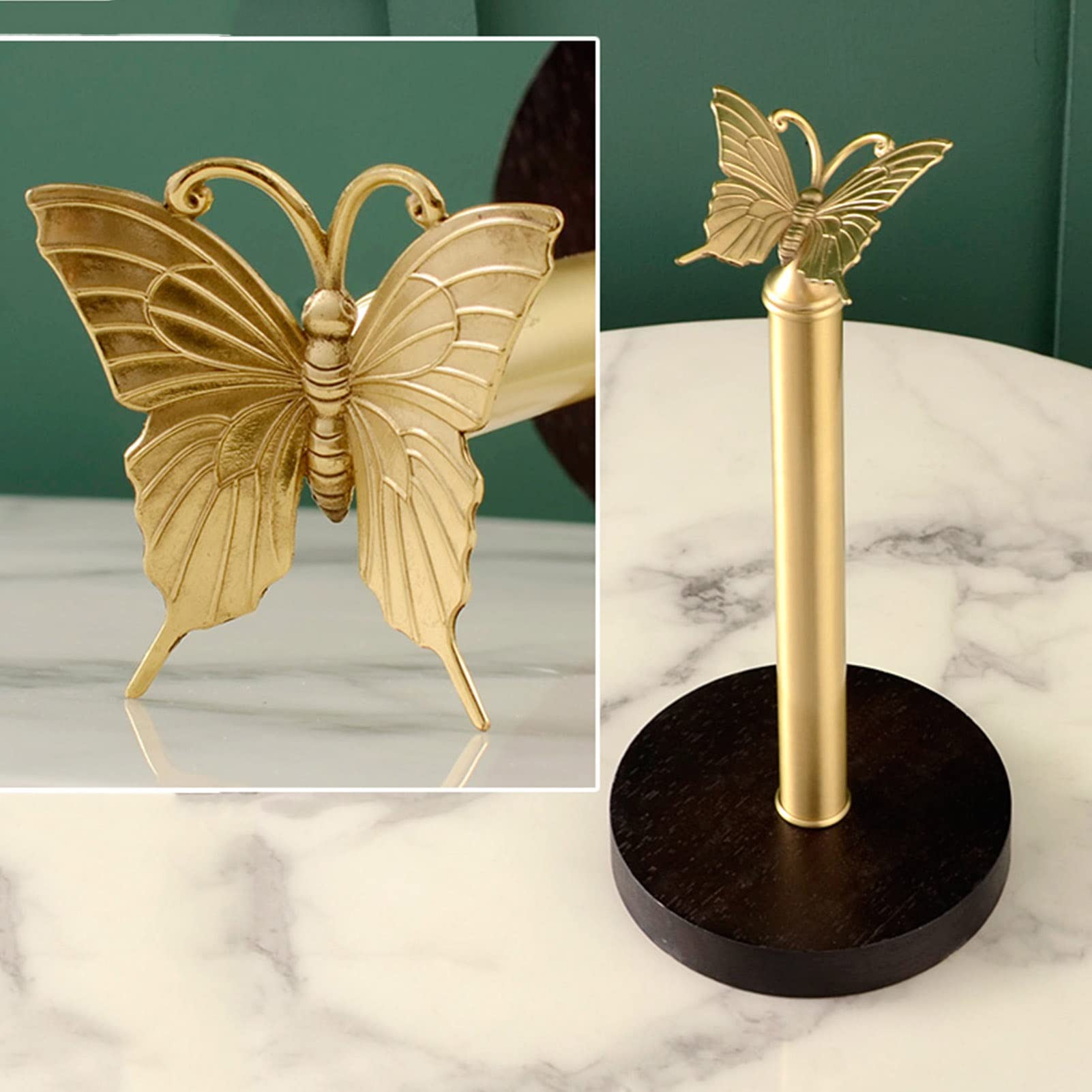 Copper Butterfly Paper Towel Holder with Solid Wood Base - Freestanding Kitchen Countertop Roll Paper Storage Dispenser (Gold Brown) | Elegant Bathroom & Kitchen Decor for Home & Office