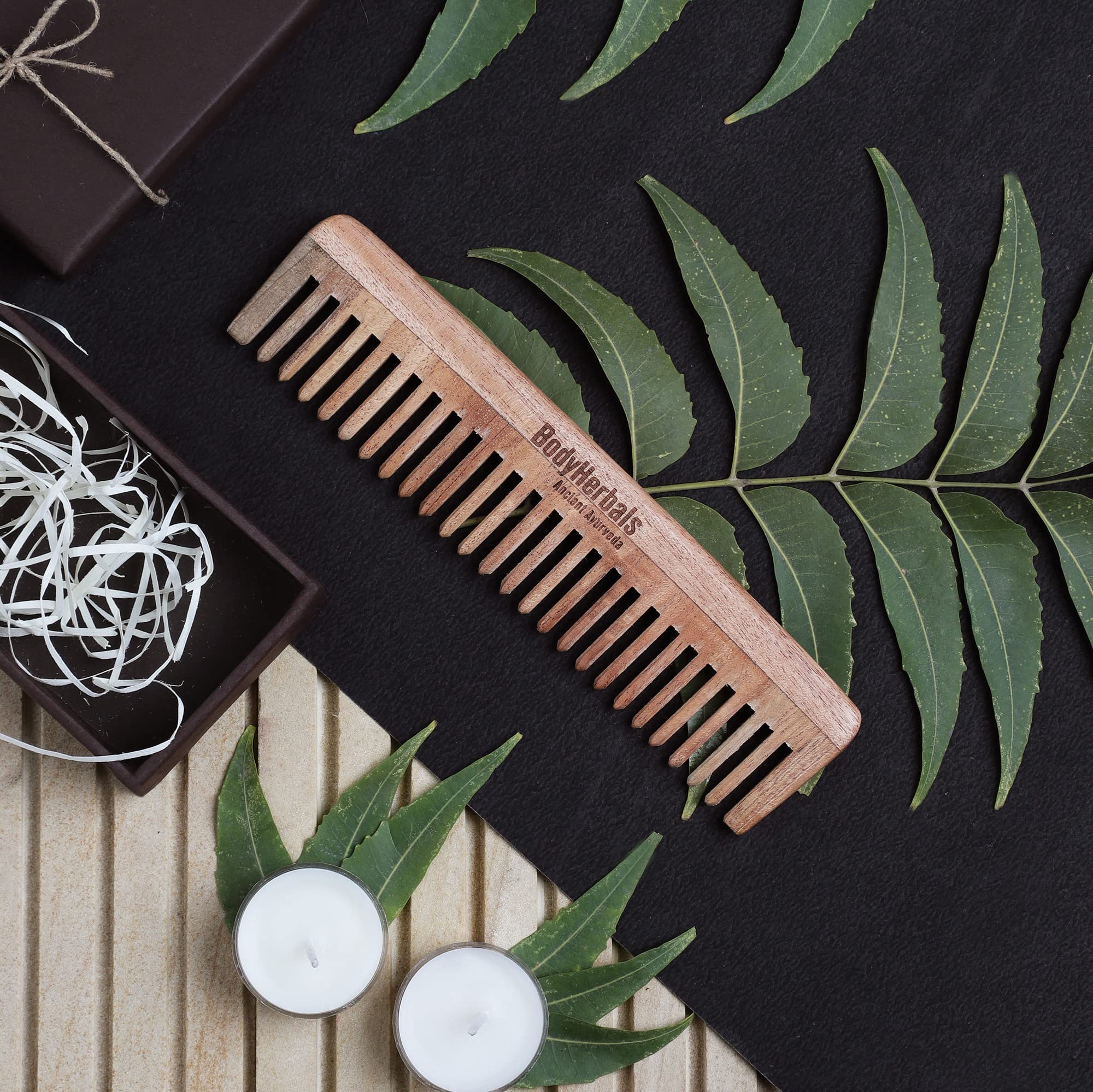 BodyHerbals Anti-Static Wide Tooth Dressing Comb - 100% Natural Neem Wood, Handmade Hair Care Gift Set with Elegant Gift Box (Cream) | Perfect for Detangling Wet Hair, Reducing Frizz & Gentle Scalp Massage