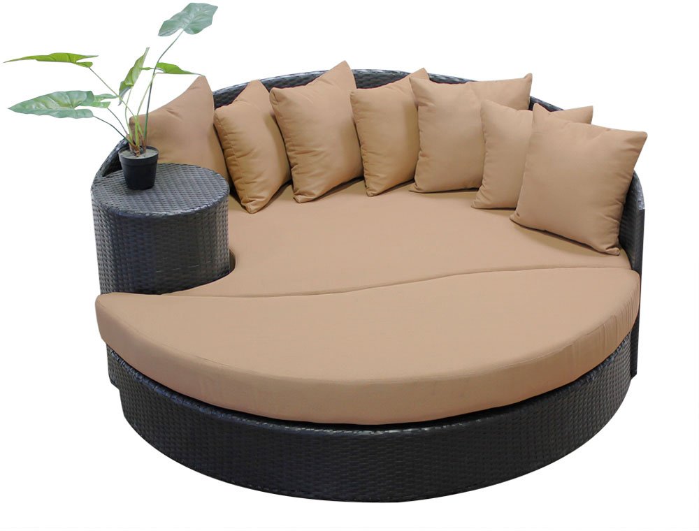 TK Classics Newport Circular Sun Bed - Outdoor Wicker Patio Furniture in Wheat Color for Poolside, Garden, and Backyard Relaxation
