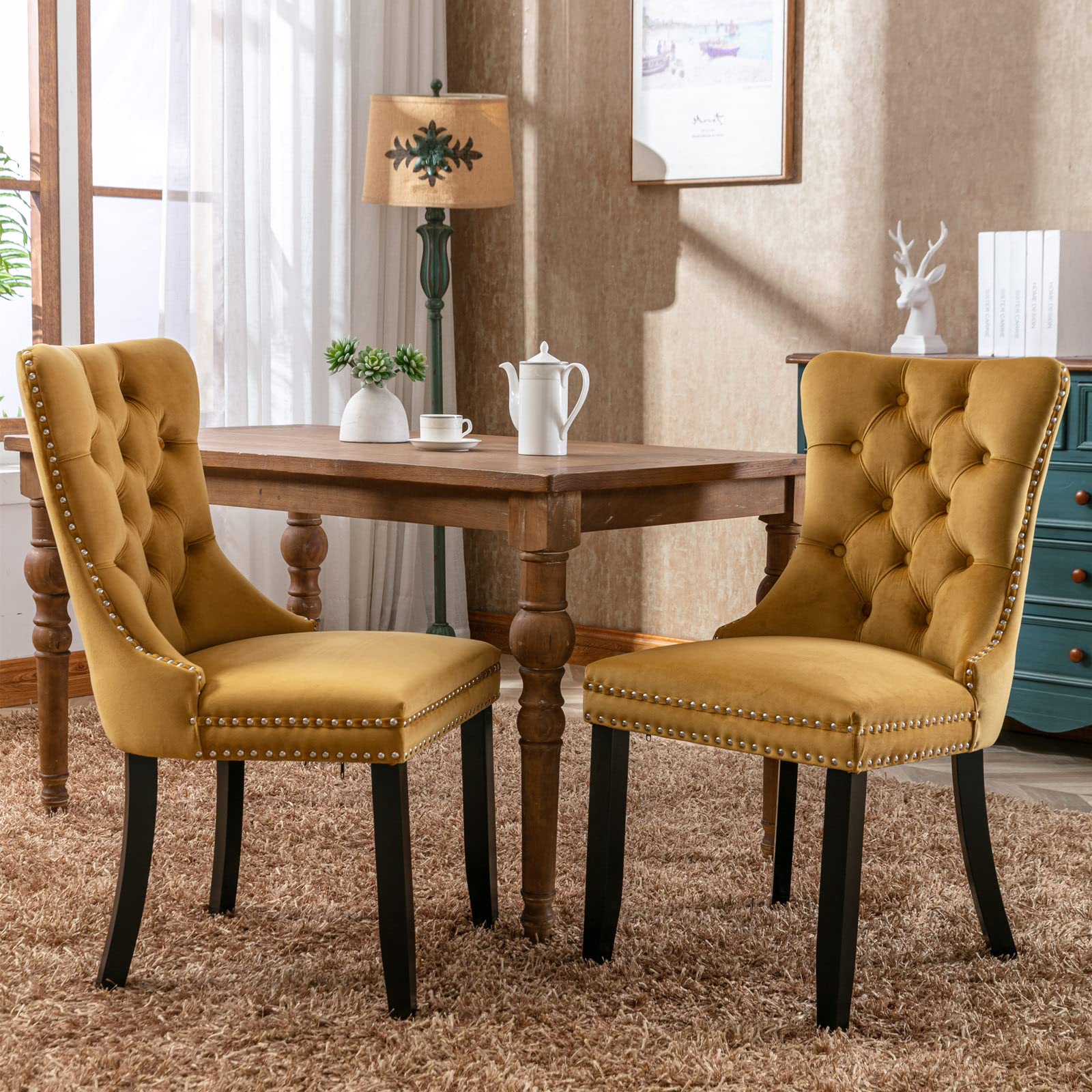 Luxury Velvet Upholstered Dining Chairs Set of 2 - Gold Button Tufted Accent Chairs with Nailhead Trim & Ring Pull Back for Elegant Dining Room Decor | Perfect for Home, Restaurant, and Office Use