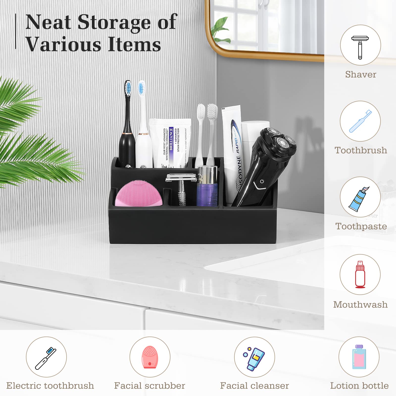 Luxspire 5-Slot Toothbrush Holder & Bathroom Counter Organizer - Marble Bathroom Storage for Toothbrush, Toothpaste & Essentials - Matte Black - Perfect for Vanity, Sink & Countertop Organization
