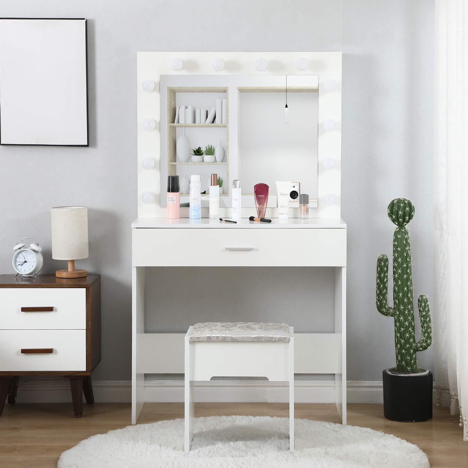 Modern White Particleboard Vanity Table Set with Lighted Mirror & Cushioned Stool - 12 LED Bulbs, 31.5