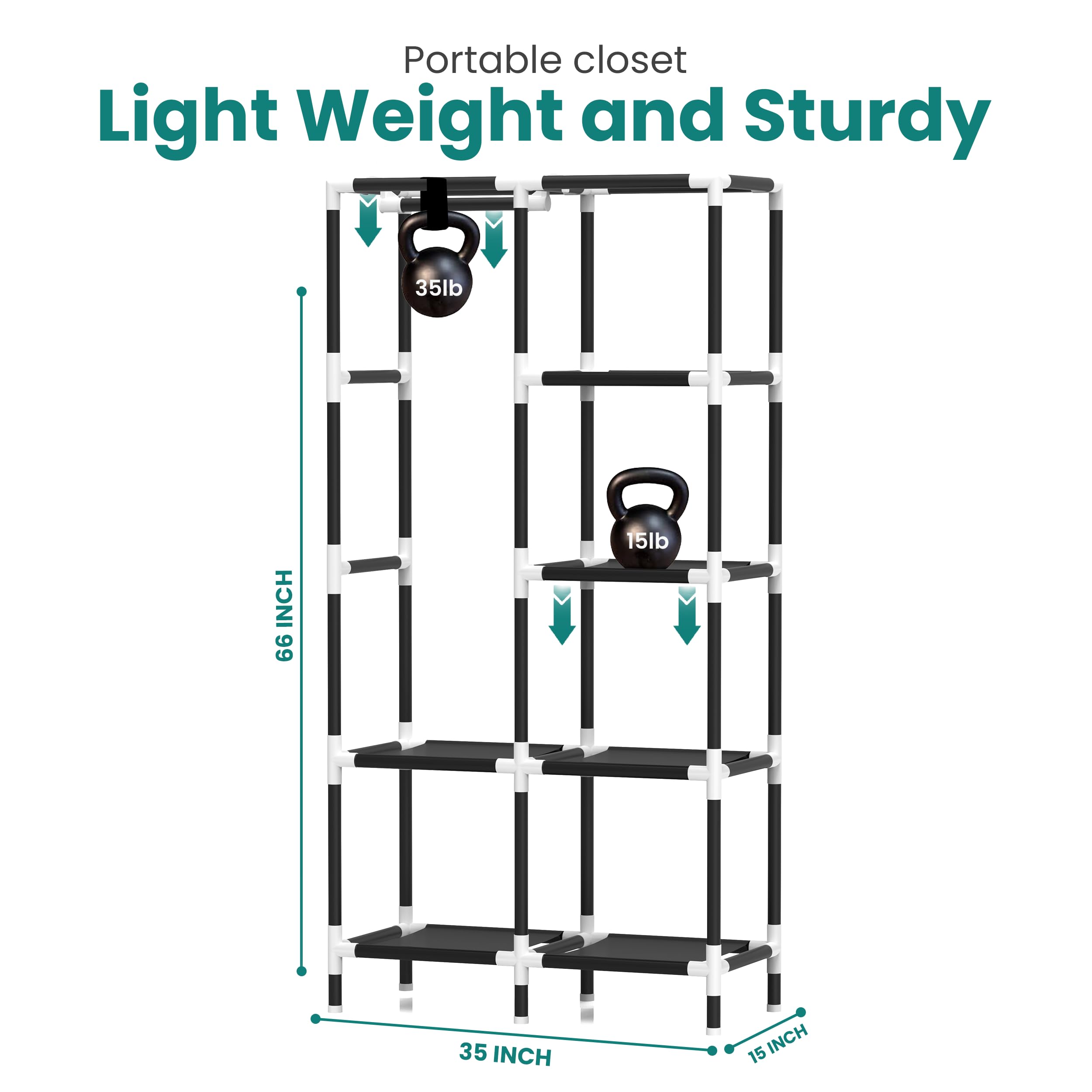 Portable Closet Organizer with 6 Shelves & Hanging Rack - Space-Saving Wardrobe Storage for Clothes | Ideal for Small Spaces, Dorms, Apartments & Travel | Perfect for Home, Office & Camping Use (Black)