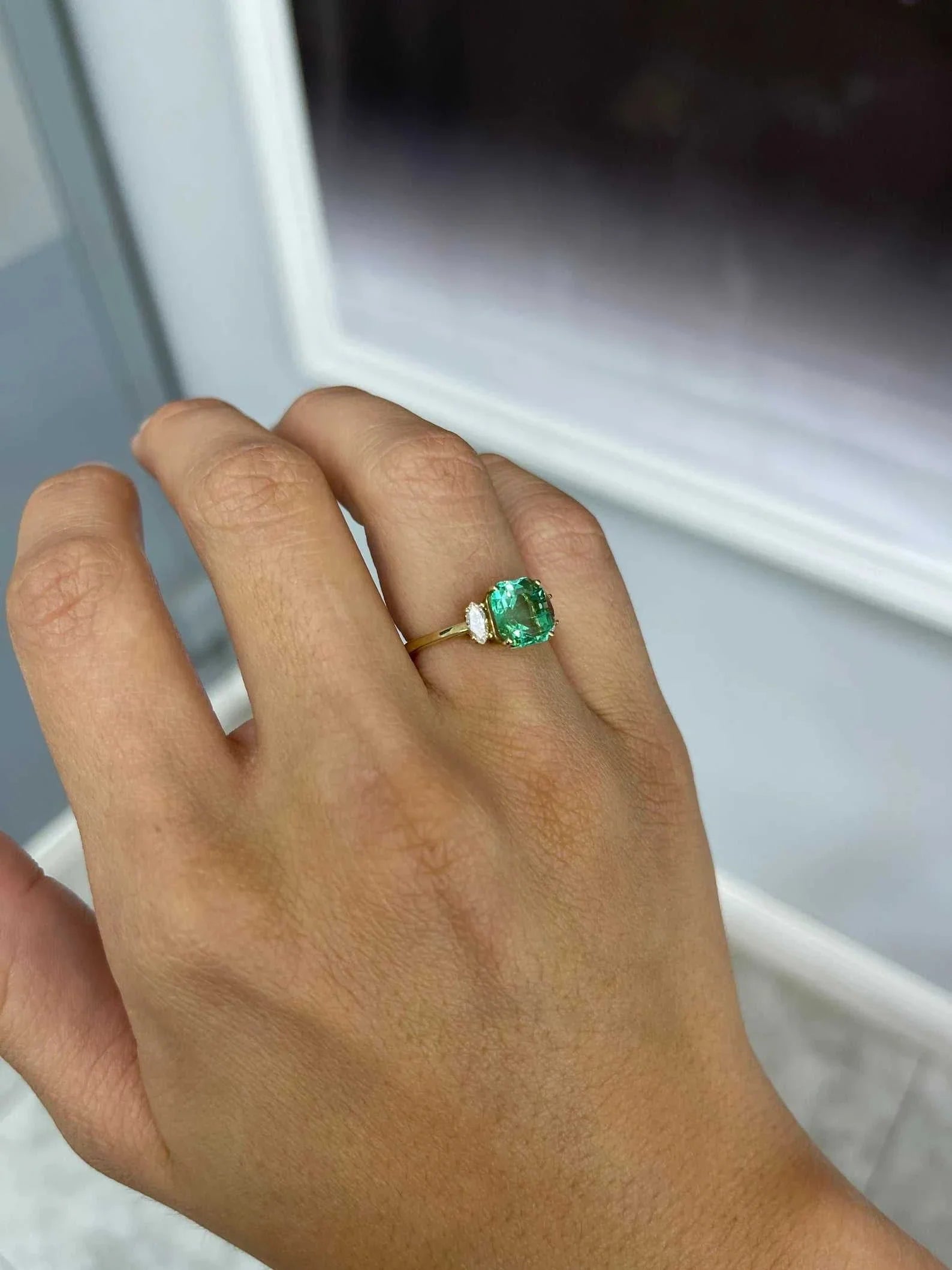 2.96tcw 18K Gold Three Stone Asscher Cut Emerald & Marquise Diamond Engagement Ring for Women - Perfect for Proposals, Anniversaries, and Special Occasions